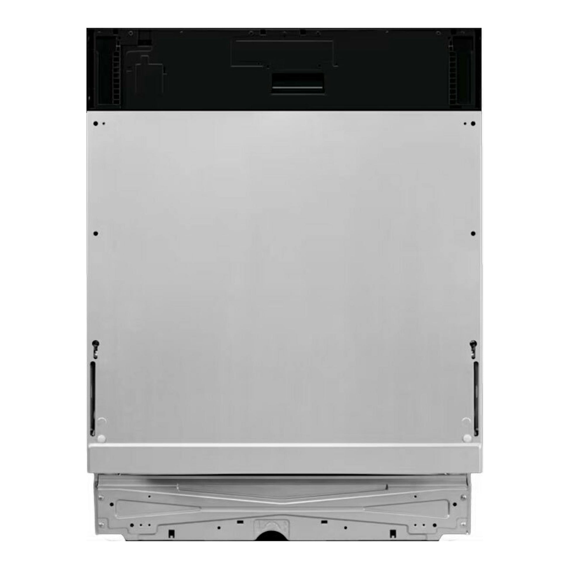Lavavajillas integrable AEG FSB34707Z, vista trasera, panel gris metal y negro.