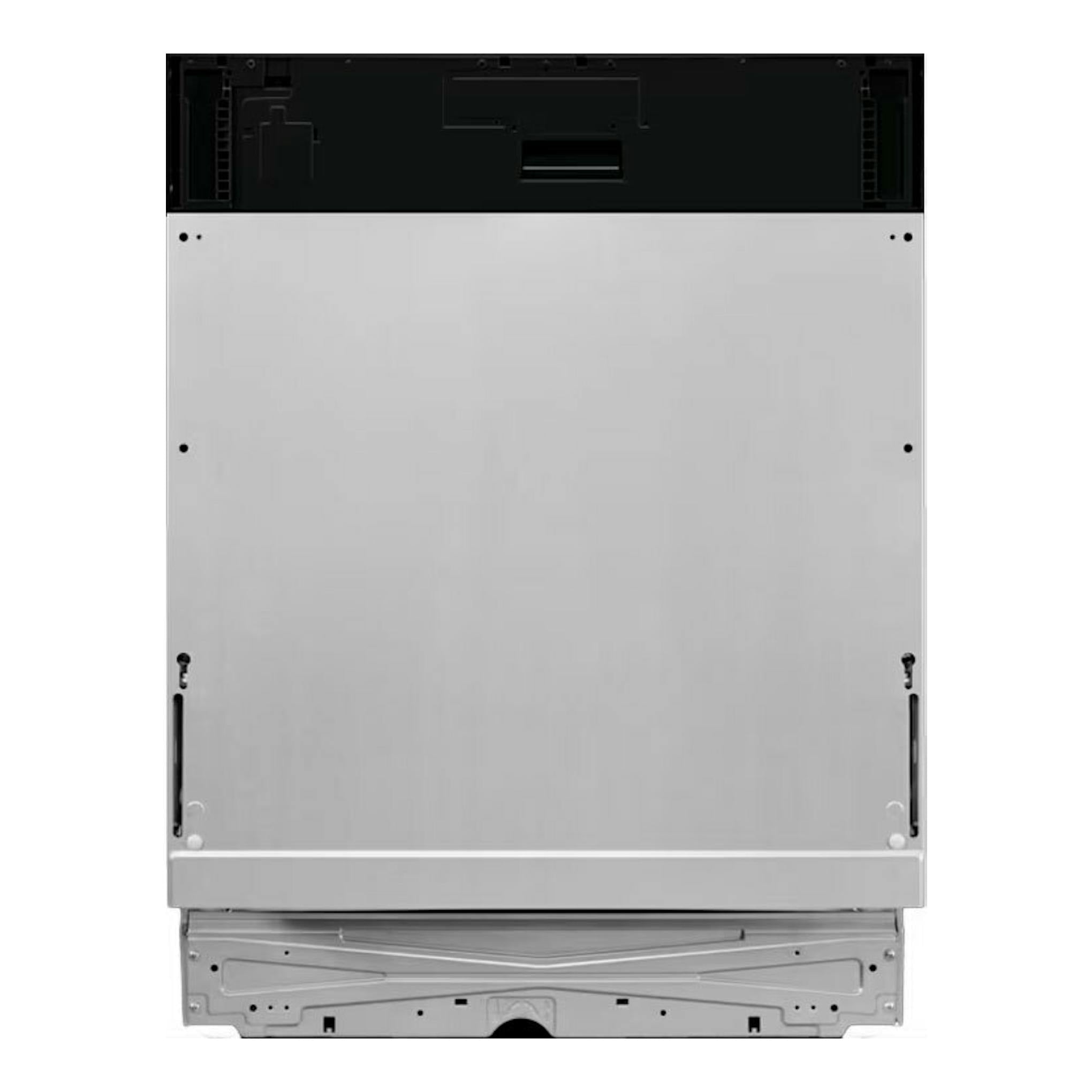 Lavavajillas integrable AEG FSB34707Z, vista trasera, panel gris metal y negro.