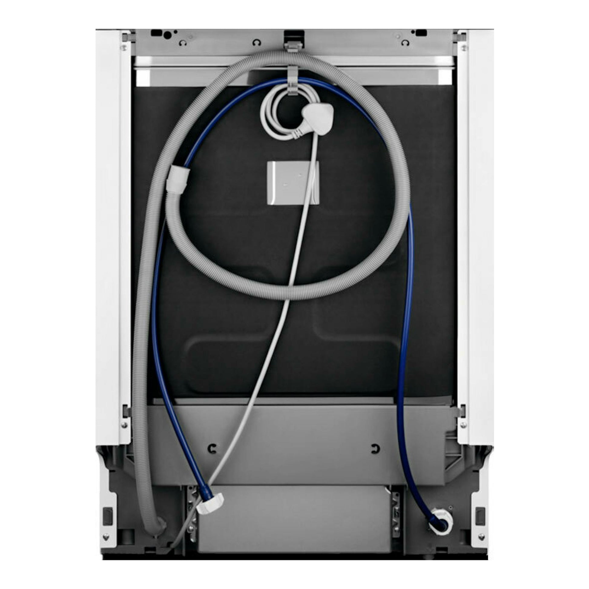 Lavavajillas integrable AEG FSB34707Z 60 cm, vista trasera, con mangueras y cables visibles.