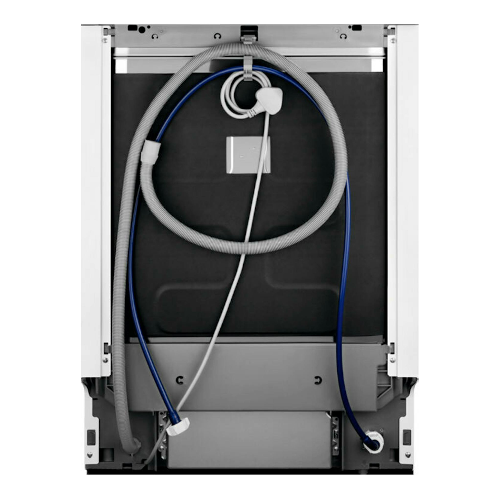 Lavavajillas integrable AEG FSB34707Z 60 cm, vista trasera, con mangueras y cables visibles.