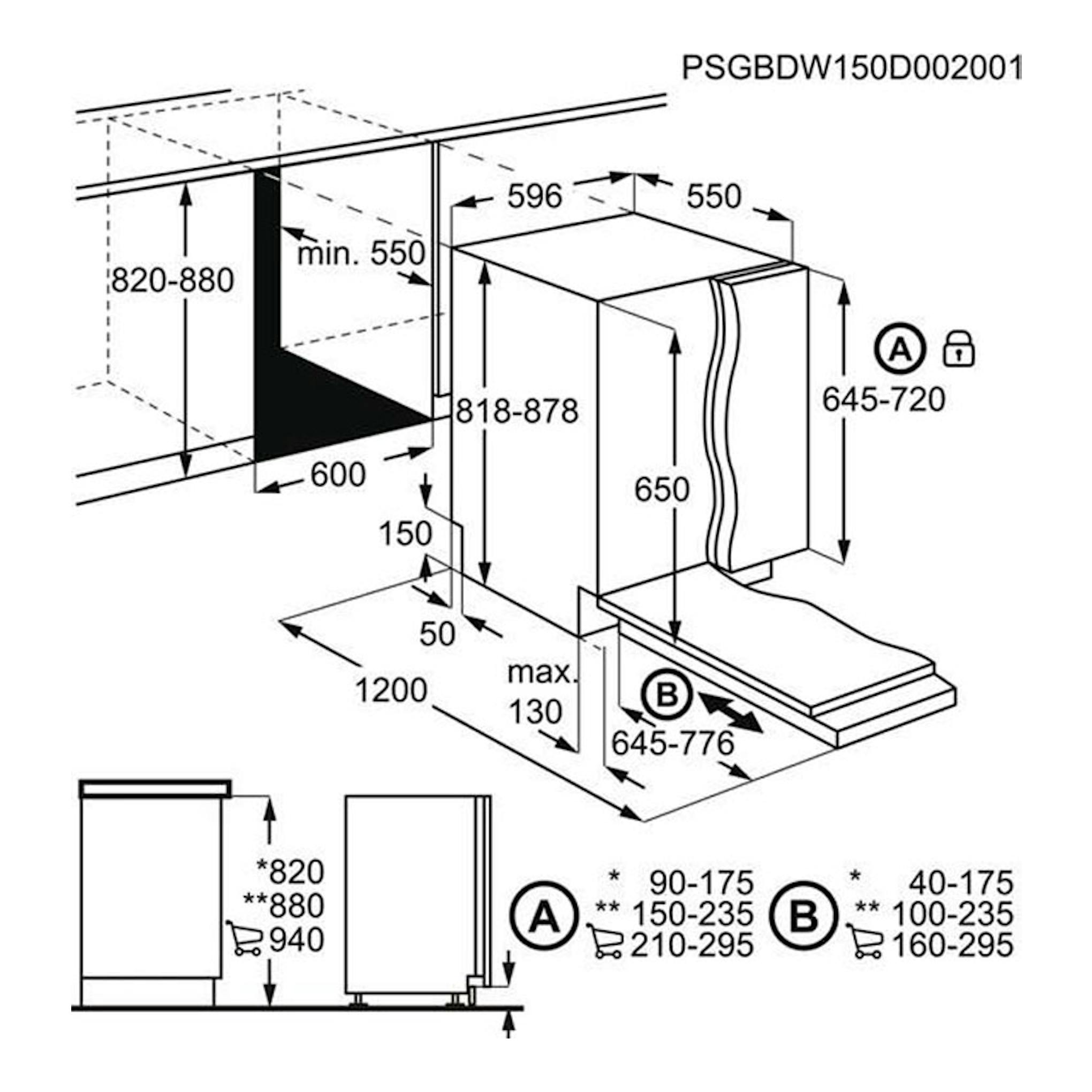 AEG FSB53617Z: esquema técnico en blanco y negro de lavavajillas integrable con medidas de instalación.