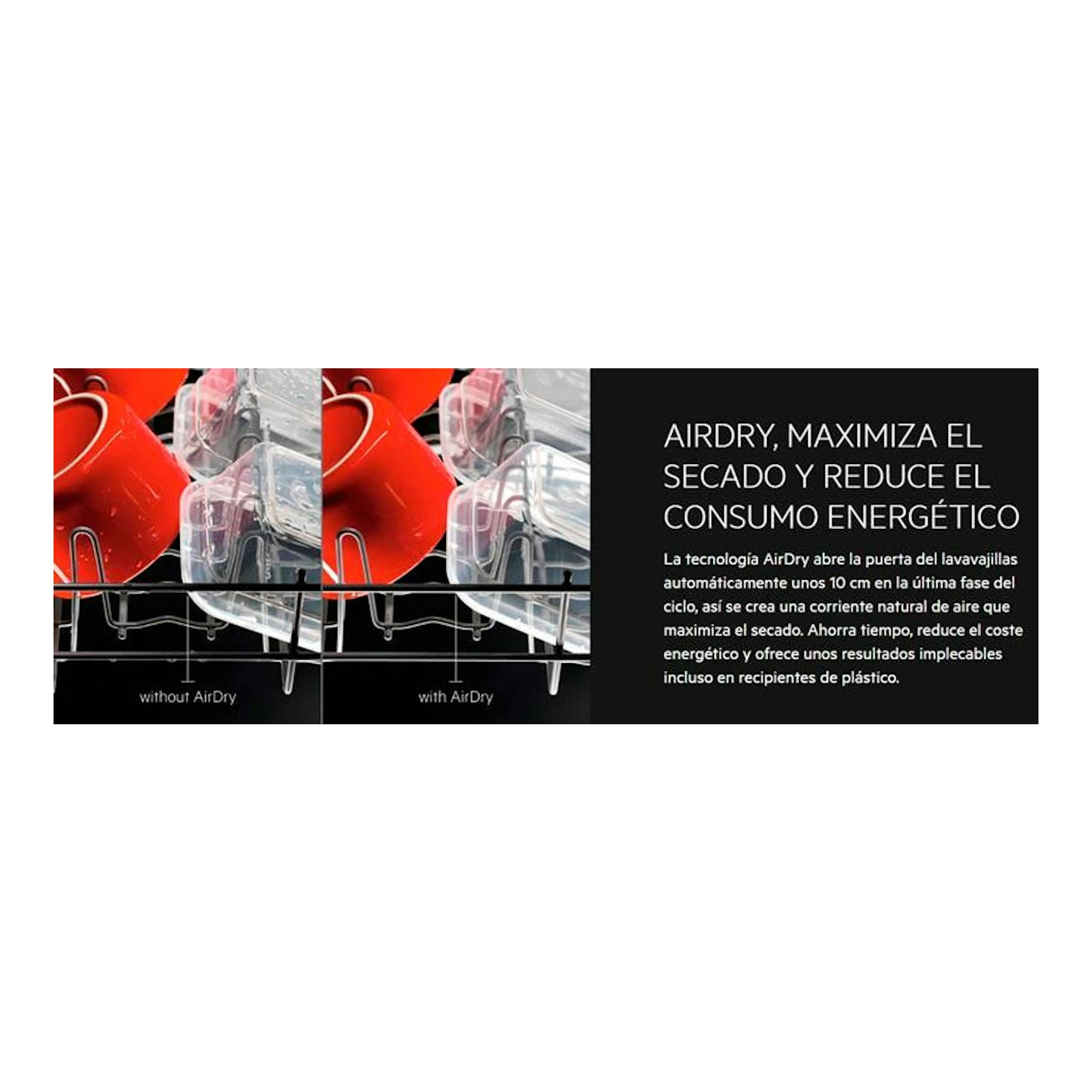 AEG FSB53617Z: gráfico comparativo de AirDry en lavavajillas, con cestas y vasos, texto negro.