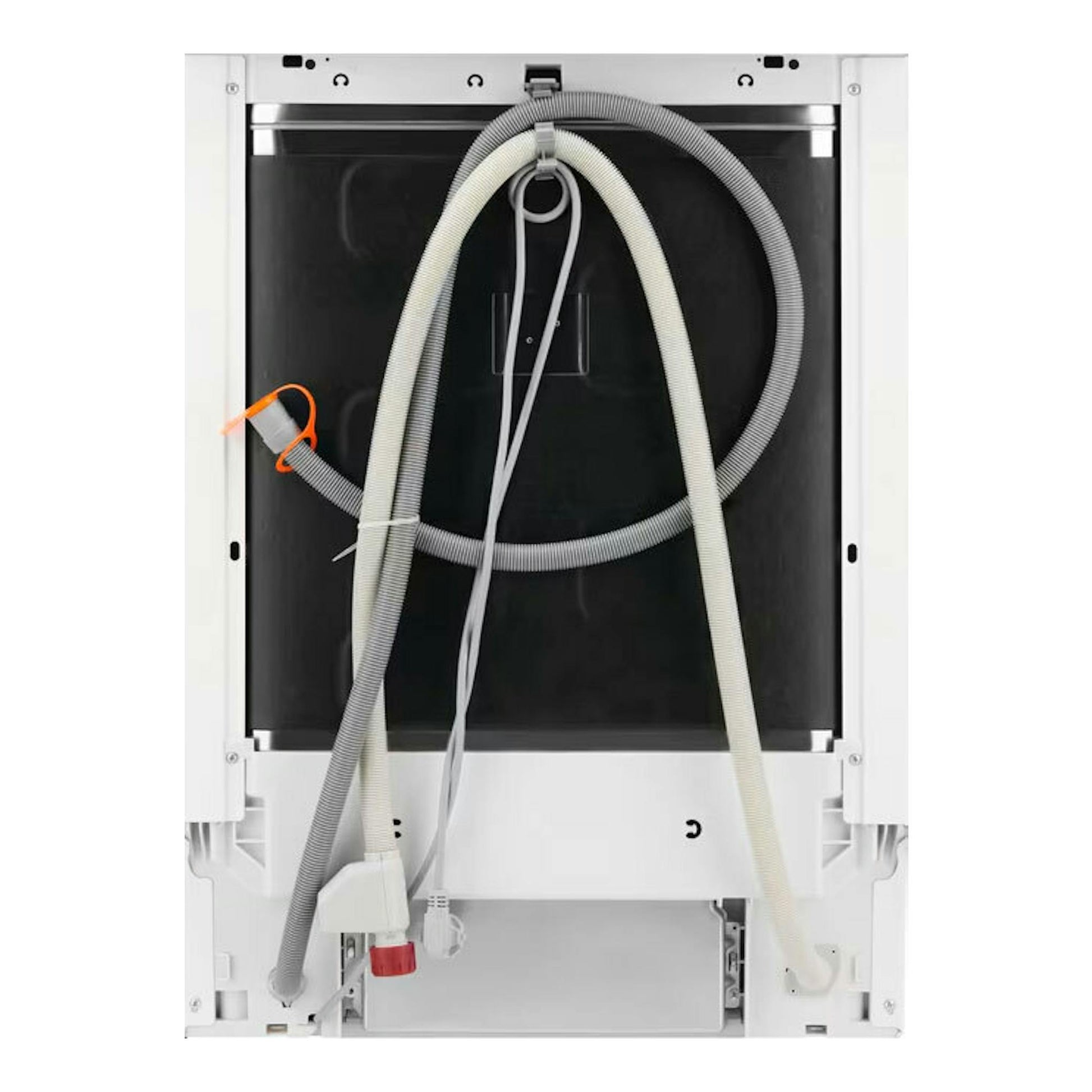 Lavavajillas integrable AEG FSB64907Z, vista trasera, panel blanco y negro con mangueras y cables visibles.