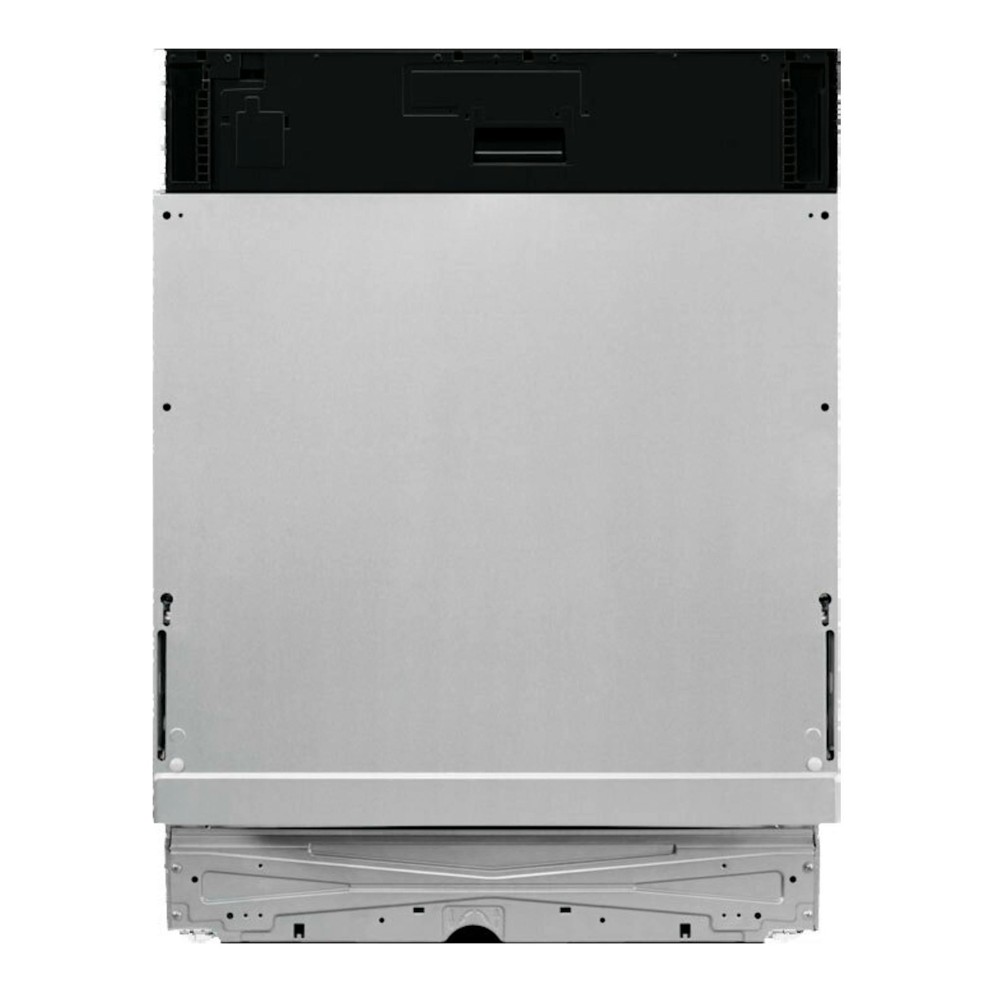 Lavavajillas integrable AEG FSB64907Z, vista trasera, panel metálico plateado y parte superior negra.