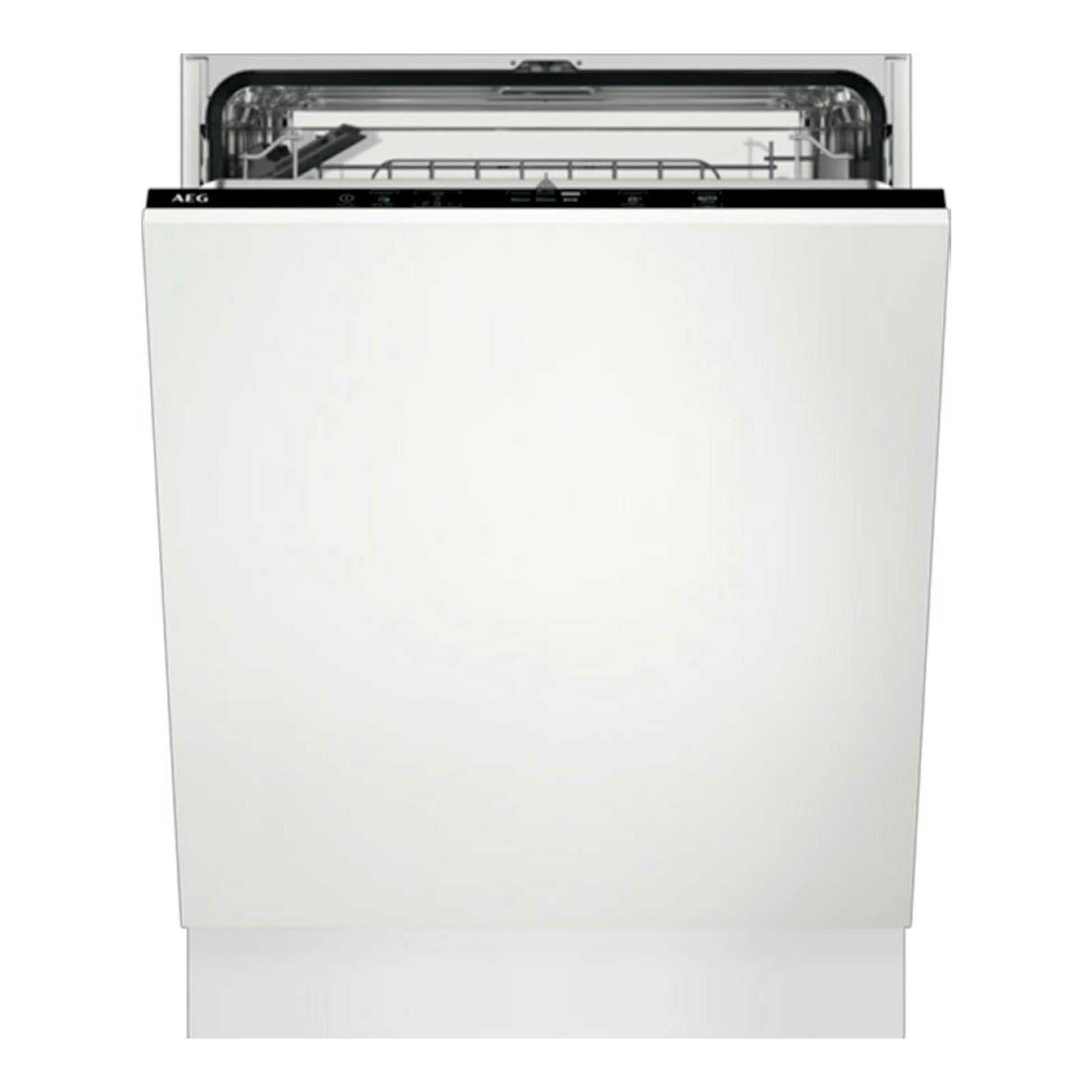 Lavavajillas integrable AEG FSE54600Z, vista frontal, panel blanco y parte superior abierta.