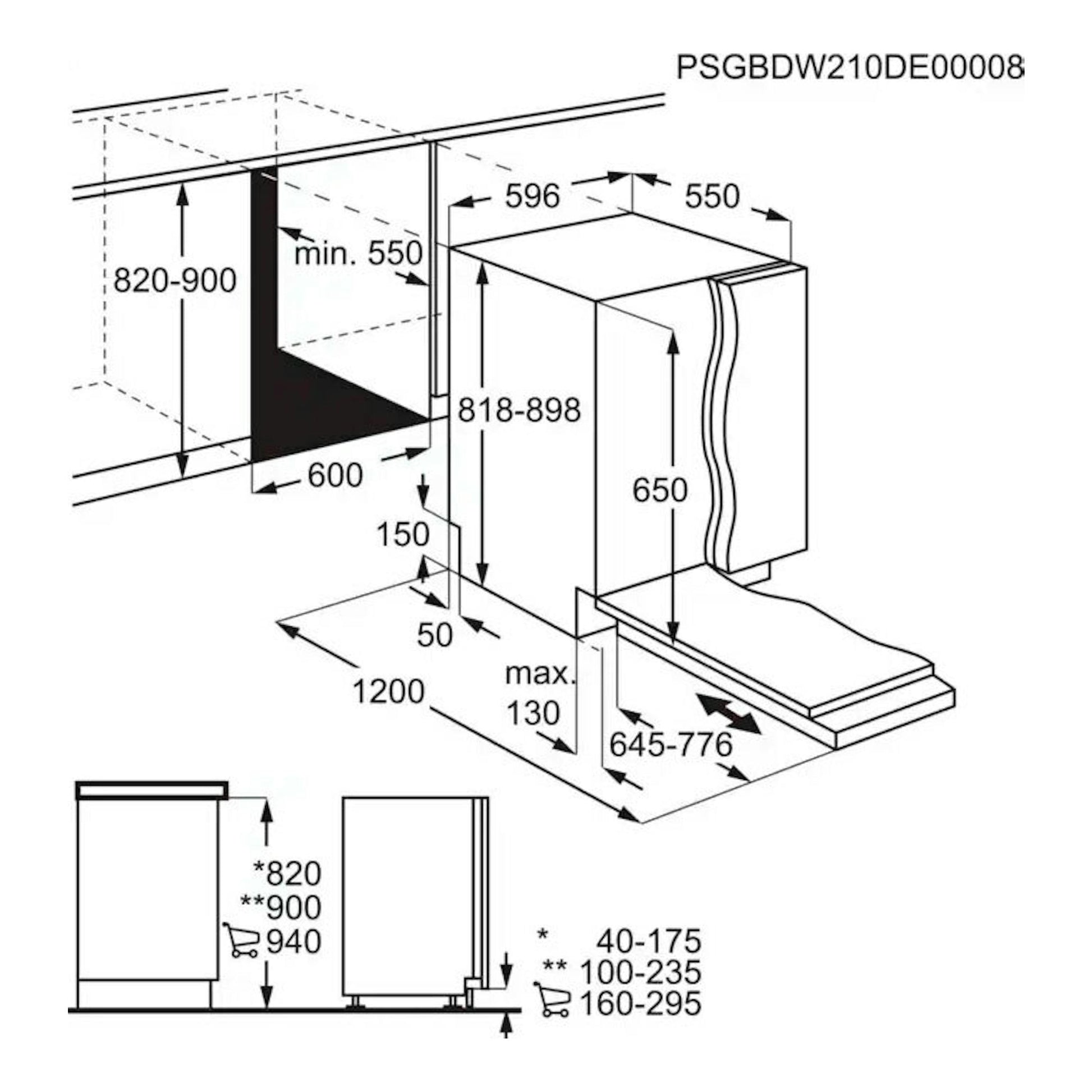 Esquema técnico de instalación de lavavajillas integrable AEG FSE54600Z 60 cm, con medidas.