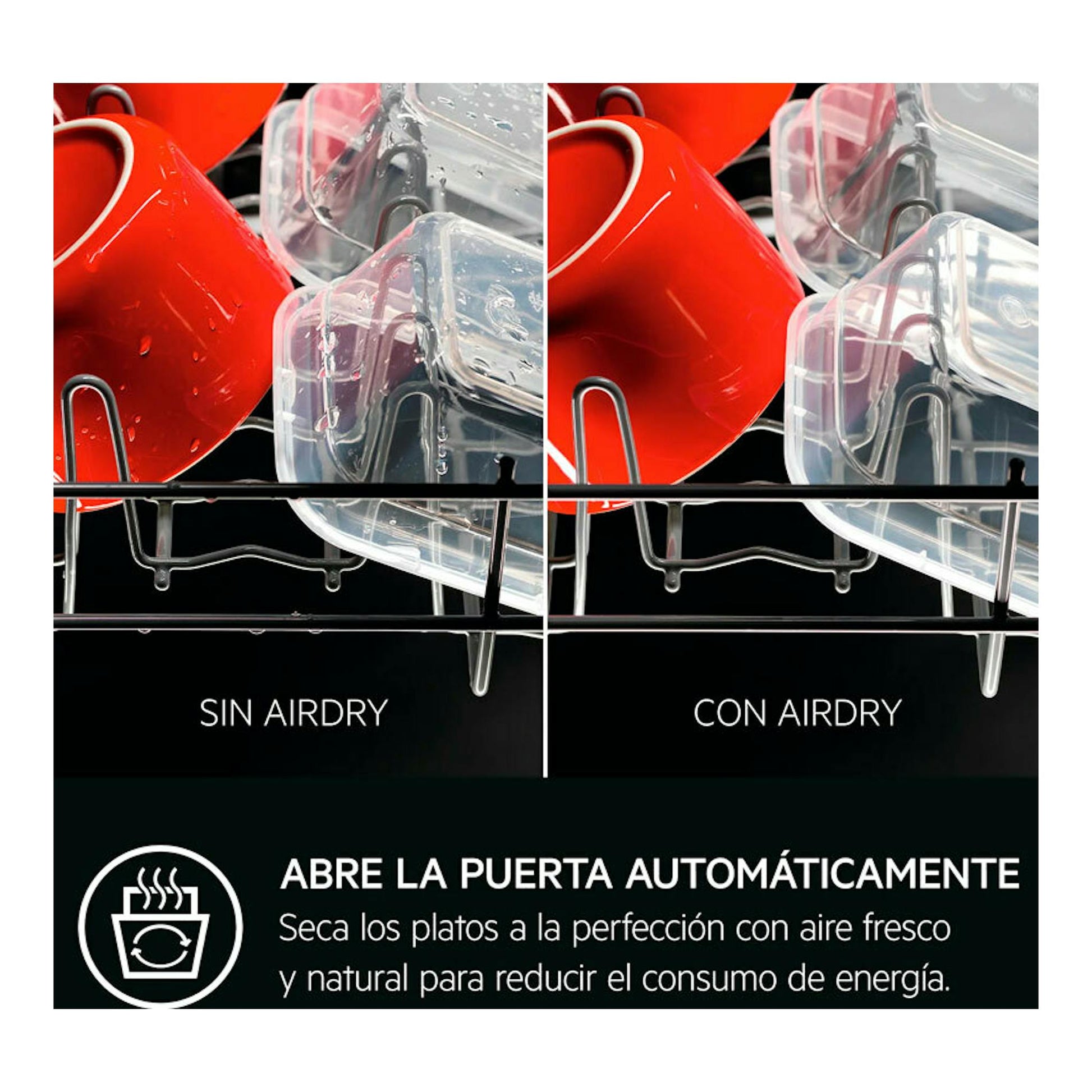 AEG FSE54600Z: gráfico comparativo de platos y vasos con y sin AirDry, con tazas rojas.
