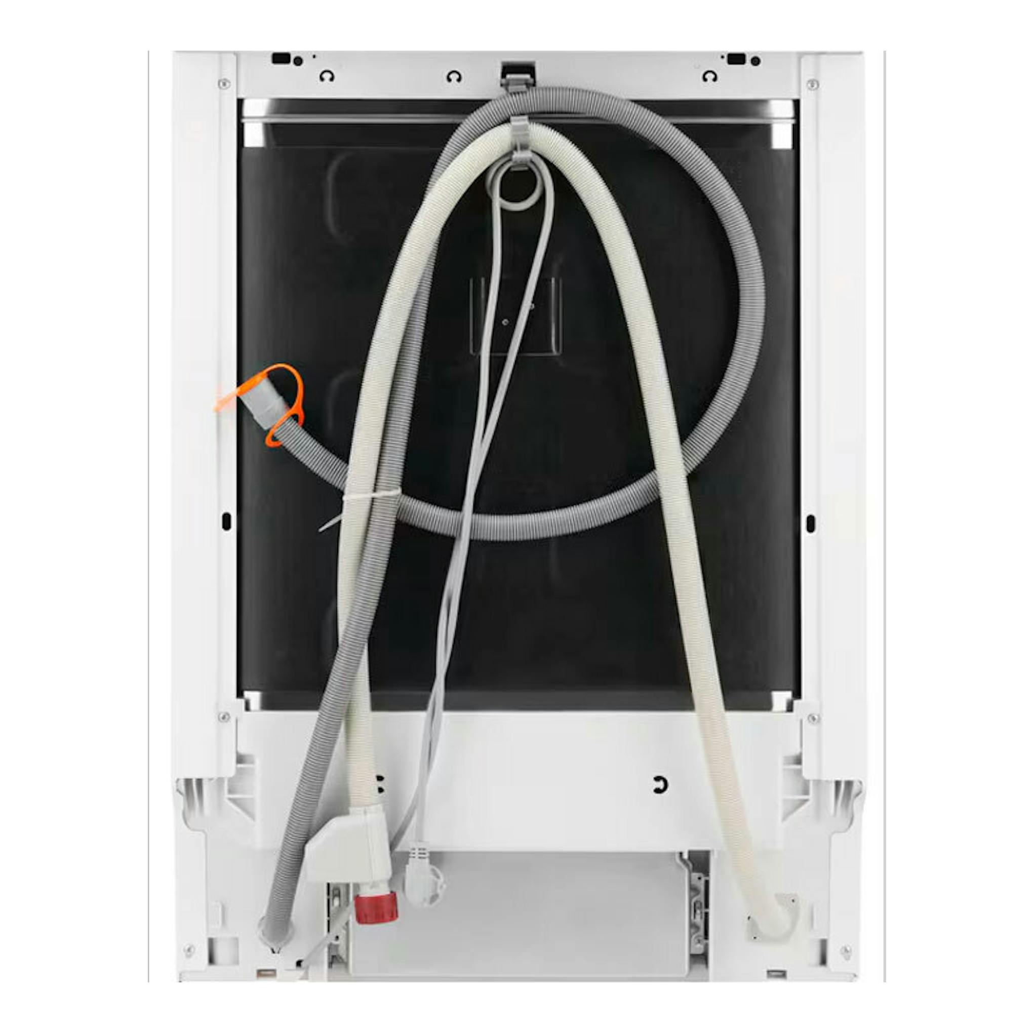 Lavavajillas integrable AEG FSE54600Z, vista trasera, con mangueras y cable visibles, en blanco y negro.