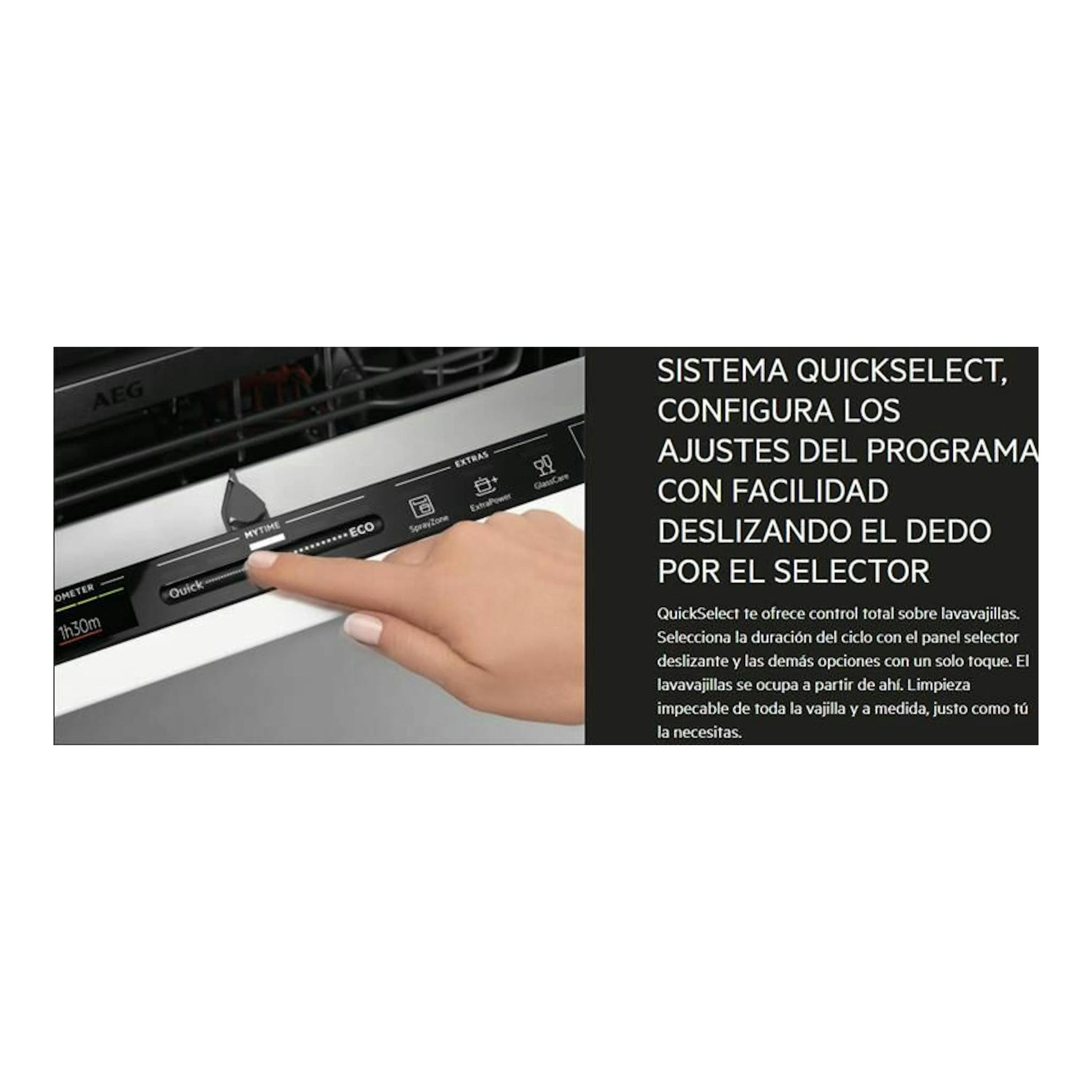 Lavavajillas integrable AEG FSE62417P, panel negro con QuickSelect y mano deslizando el selector.