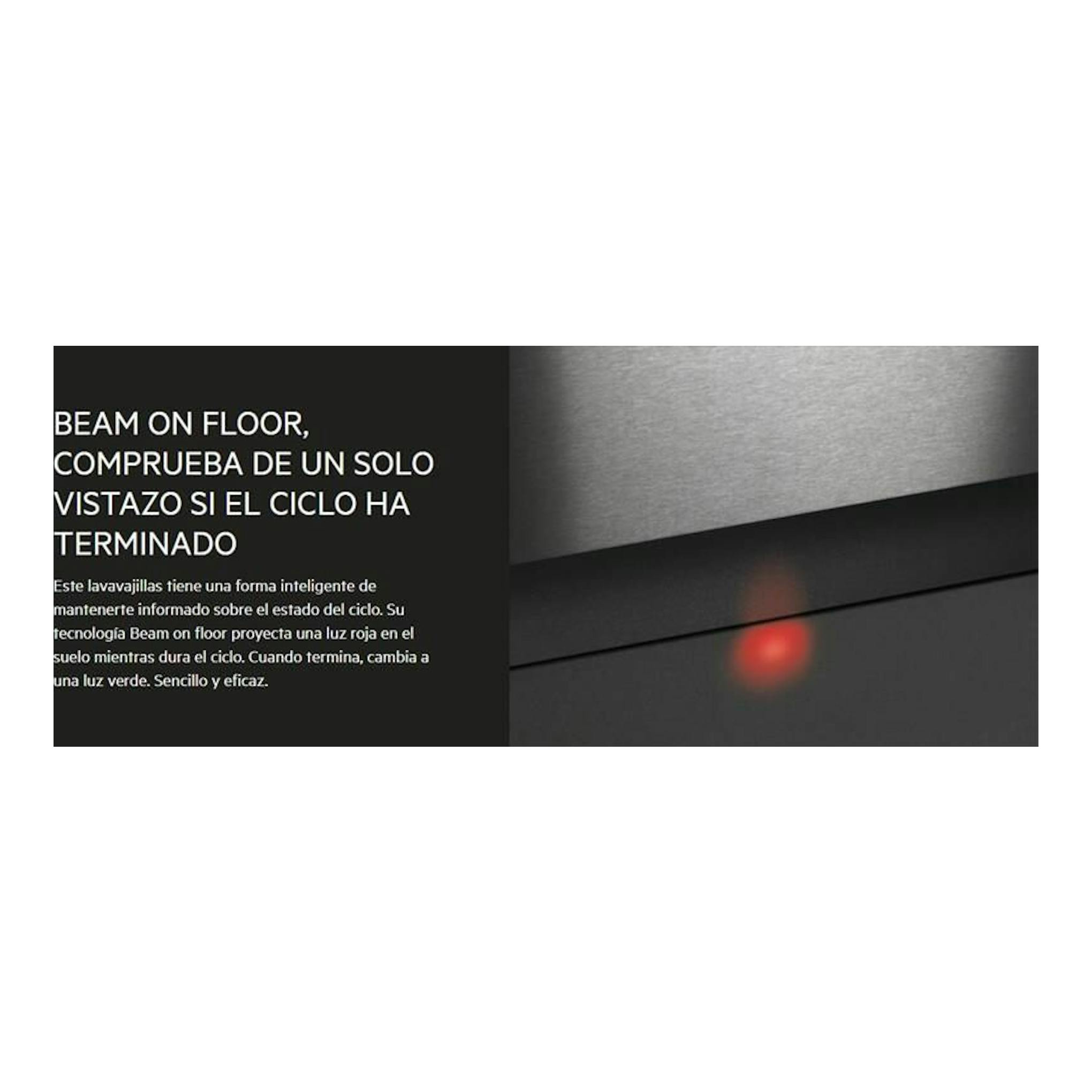AEG FSE62417P, lavavajillas integrable negro y acero, primer plano con luz roja proyectada en el suelo.