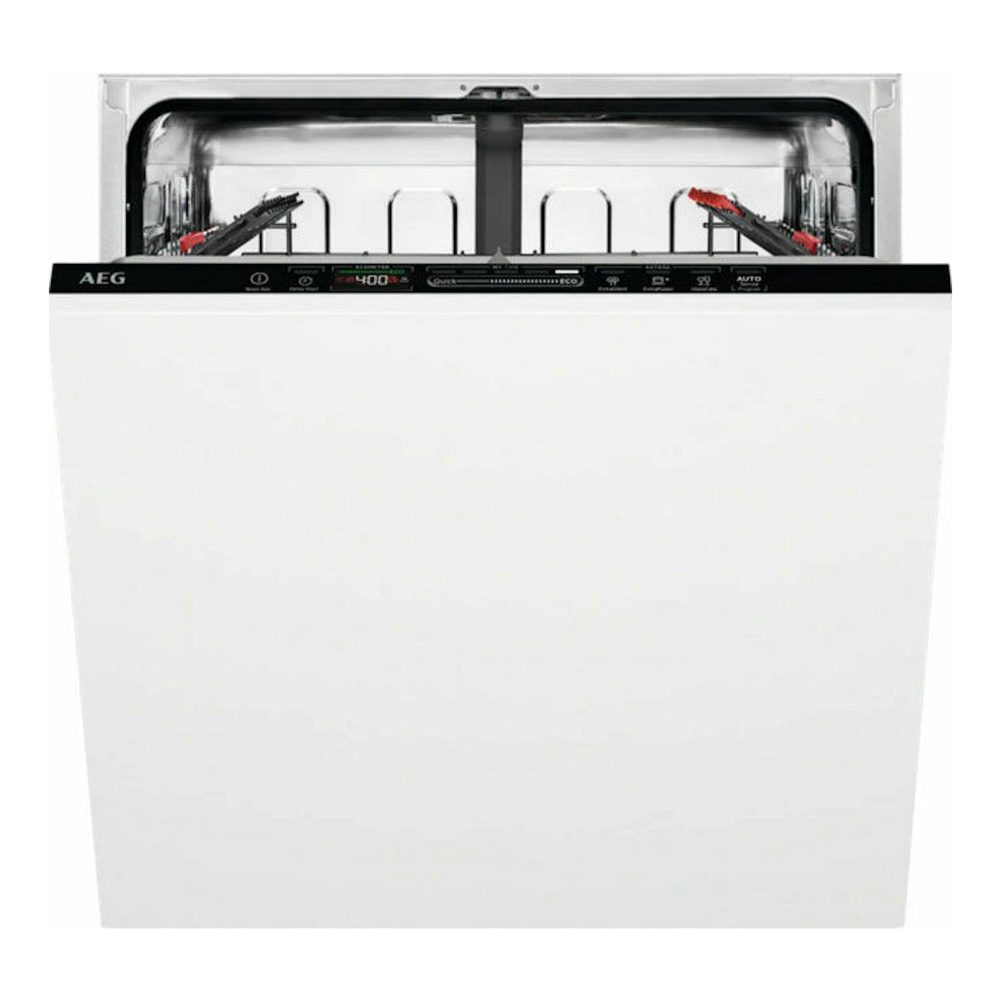 Lavavajillas integrable AEG FSE63307P blanco, vista frontal con puerta abierta y panel superior negro.