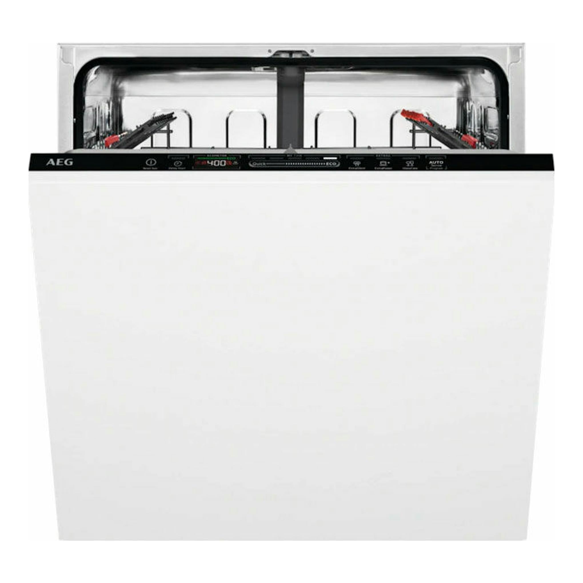 Lavavajillas integrable AEG FSE63307P blanco, vista frontal con puerta abierta y panel superior negro.
