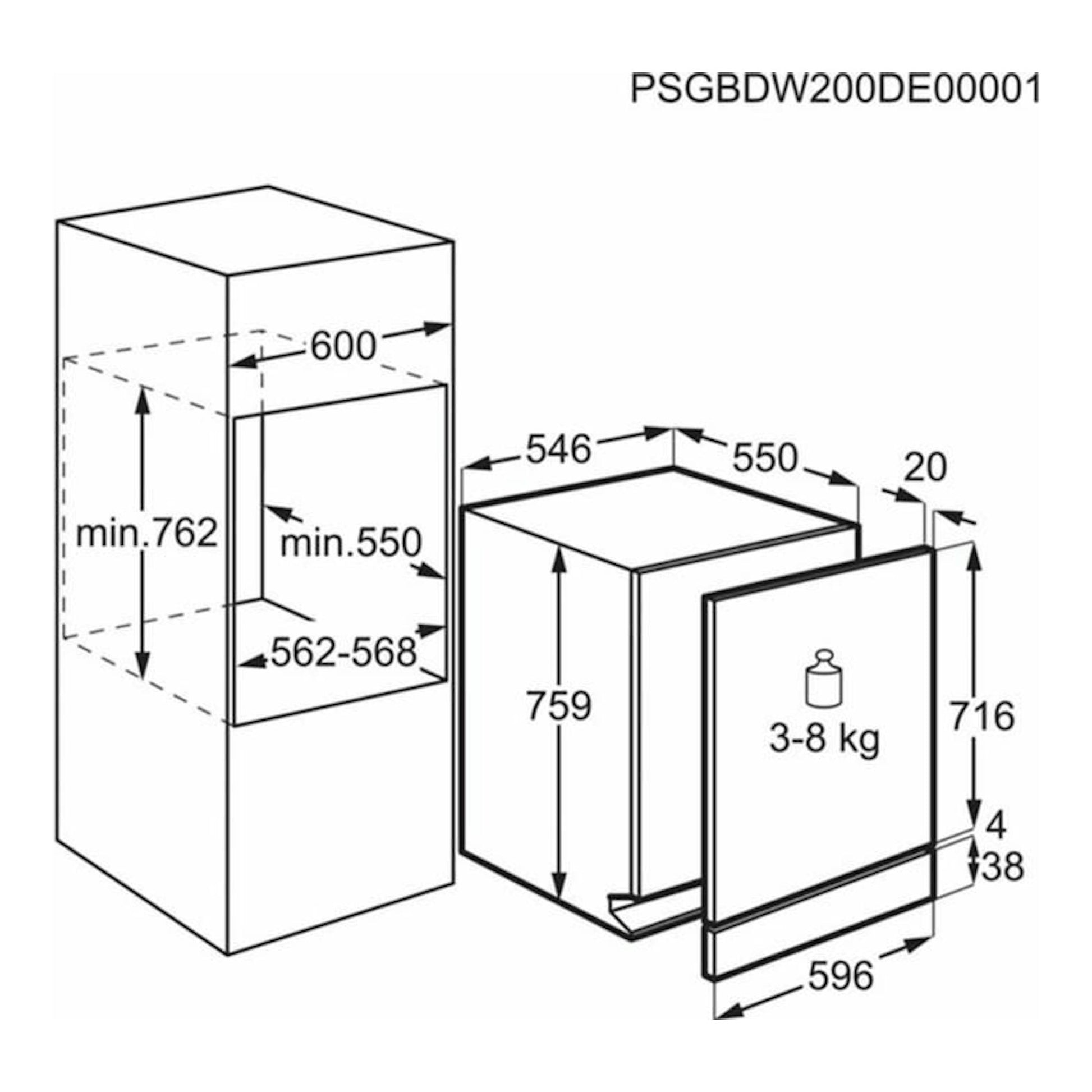 Diagrama de instalación del lavavajillas integrable AEG FSE63307P, vista frontal y lateral, 60 cm.