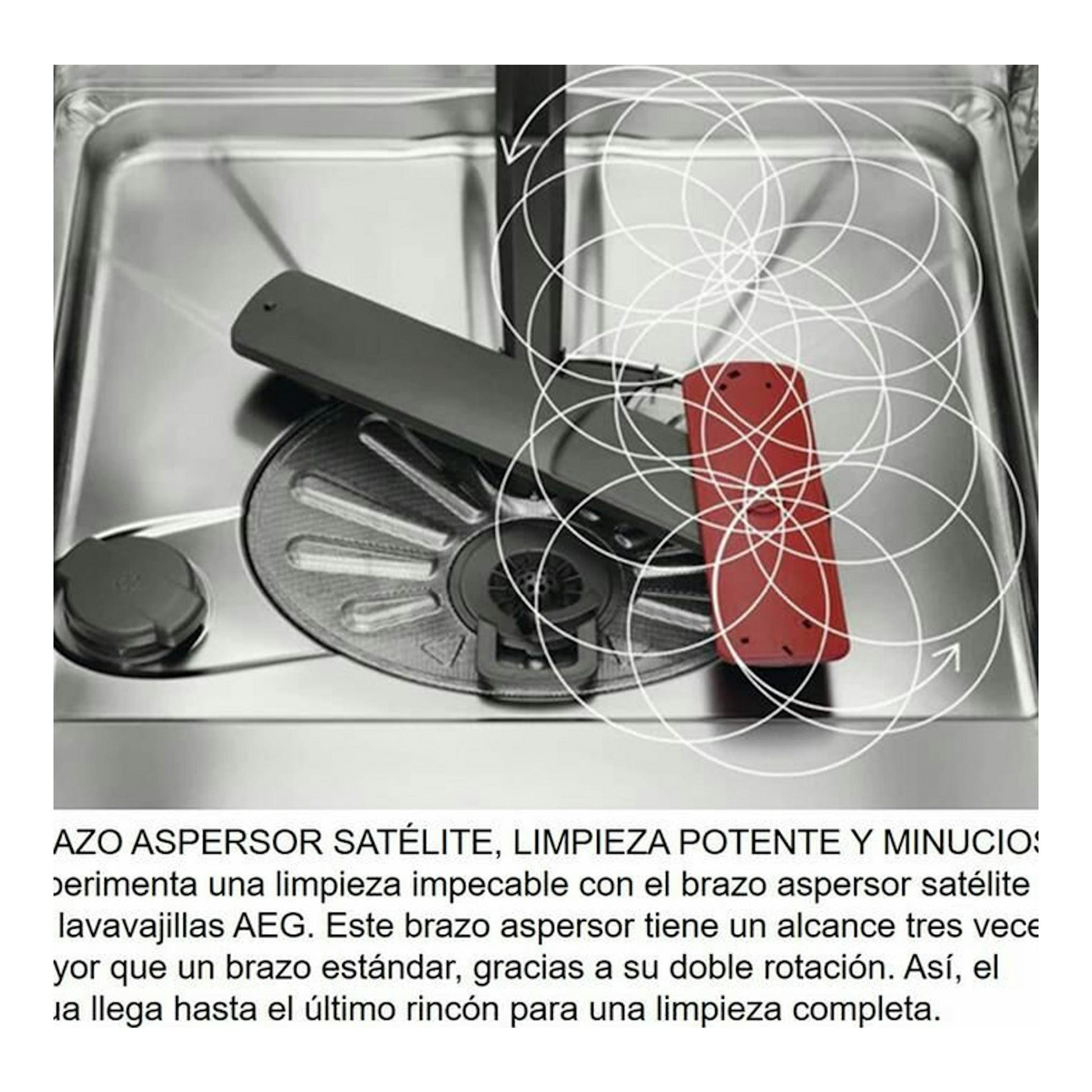 AEG FSE63307P: vista superior del interior del lavavajillas con brazo aspersor satélite y cesta metálica.