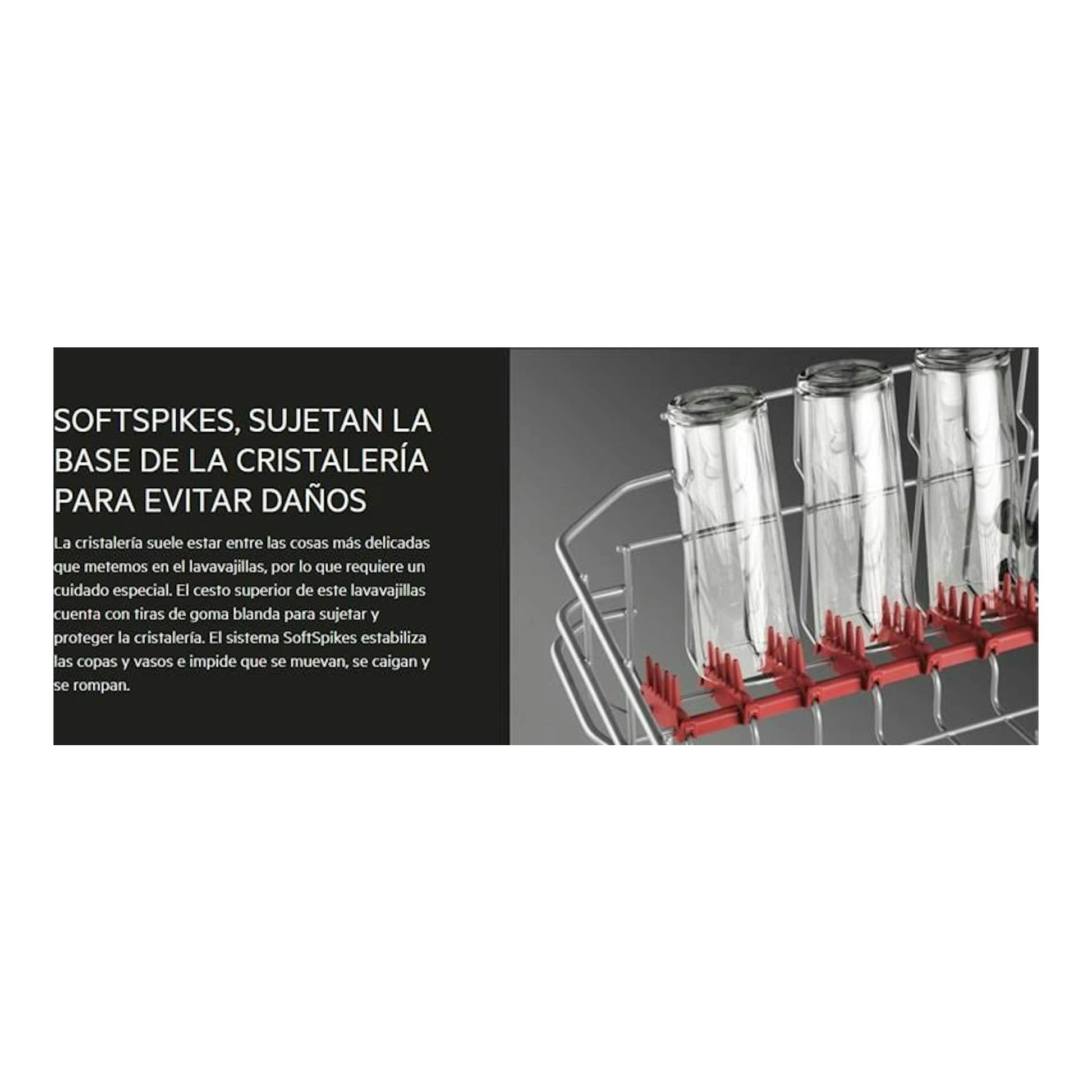 Detalle de cesta de lavavajillas AEG FSE63307P con copas sujetas por soportes rojos.
