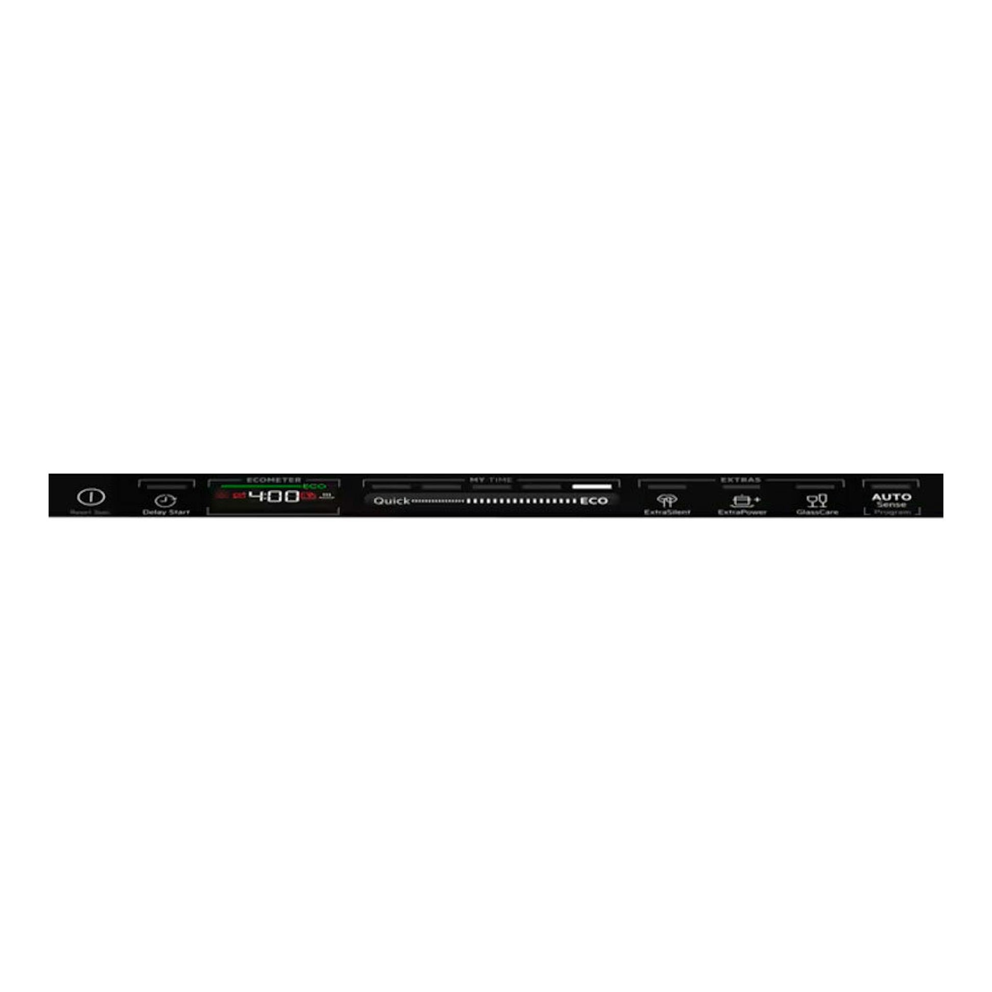 Lavavajillas integrable AEG FSE73507P, vista frontal parcial con panel negro y display digital.