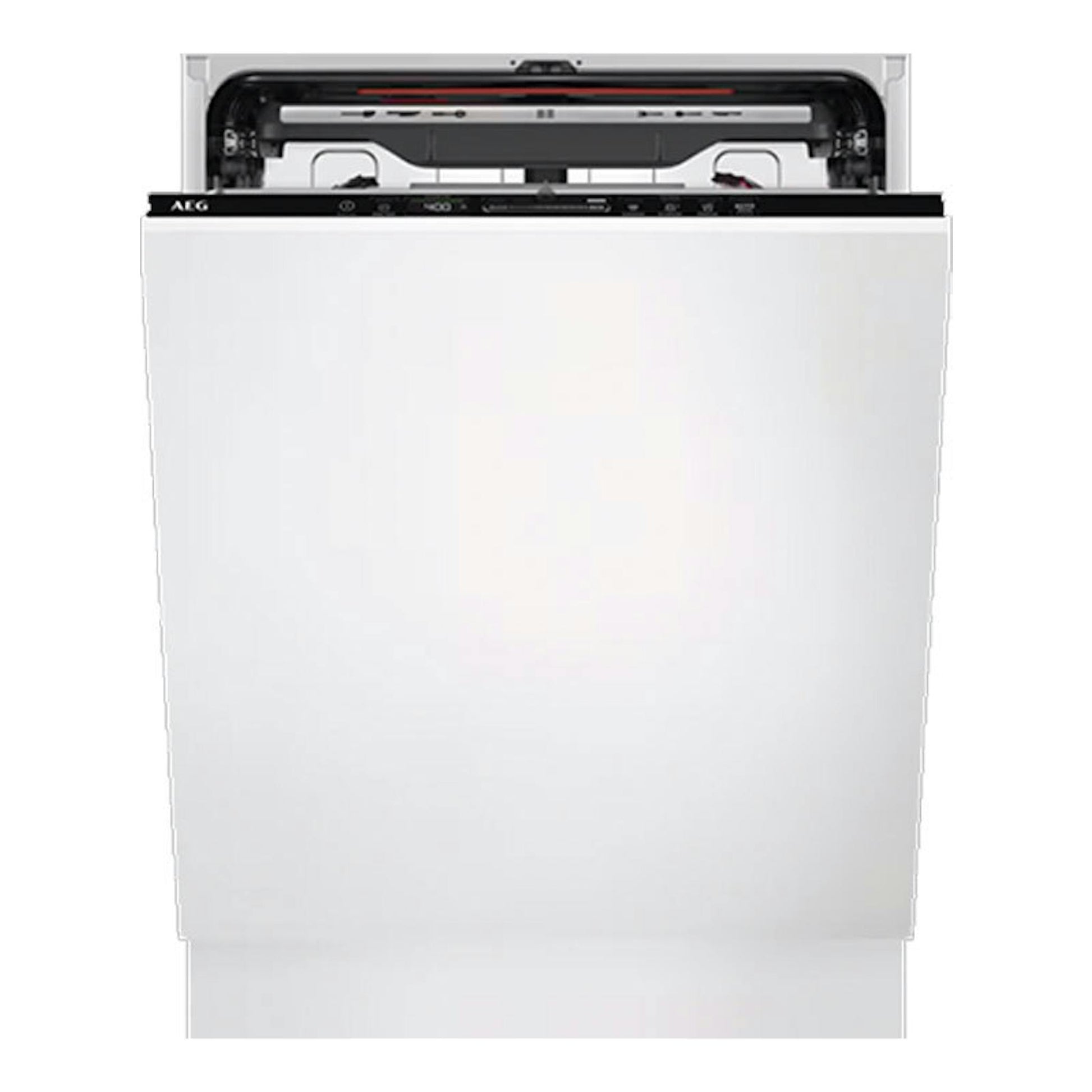 Lavavajillas integrable AEG FSE76727P, vista frontal, panel blanco con parte superior abierta y controles visibles.