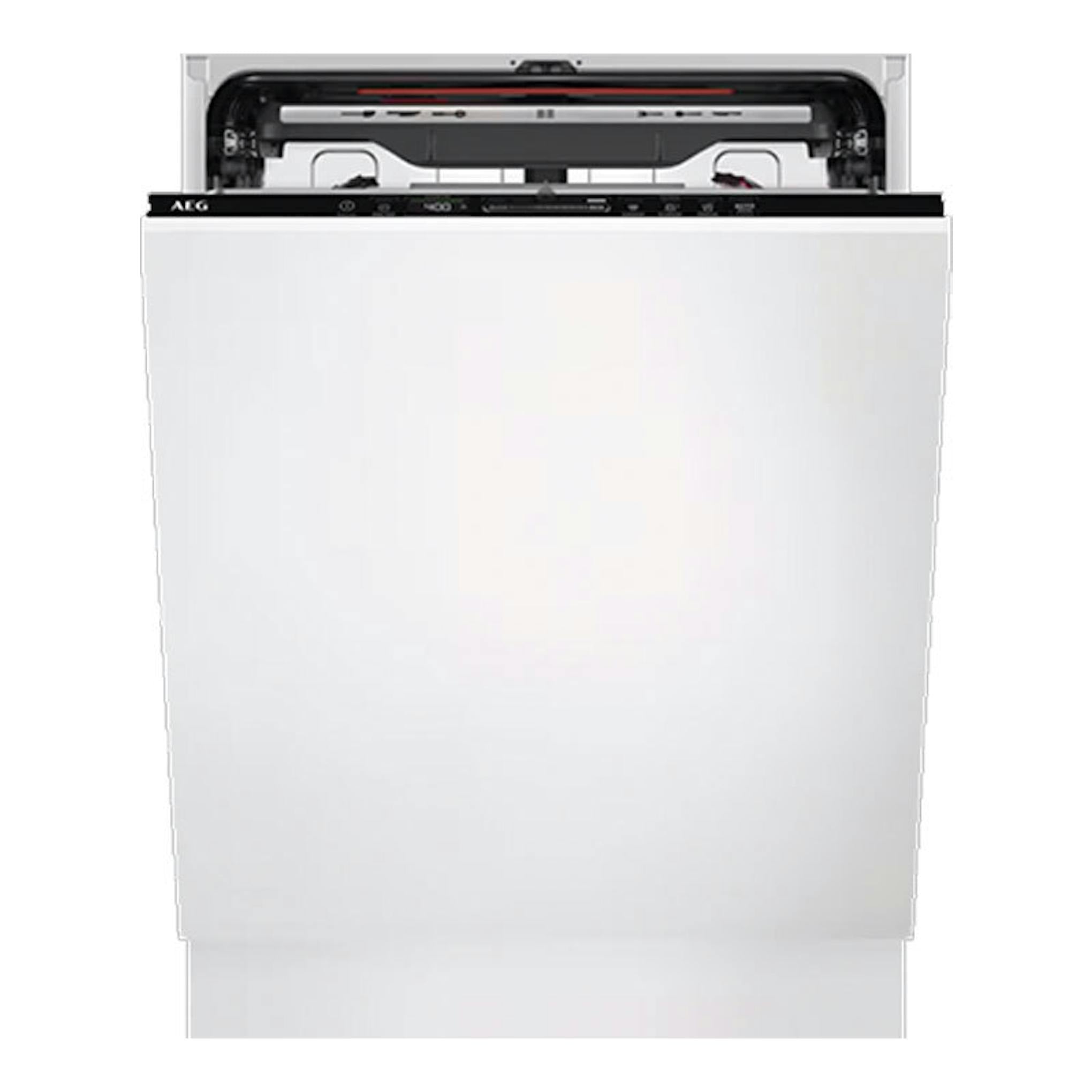Lavavajillas integrable AEG FSE76727P, vista frontal, panel blanco con parte superior abierta y controles visibles.