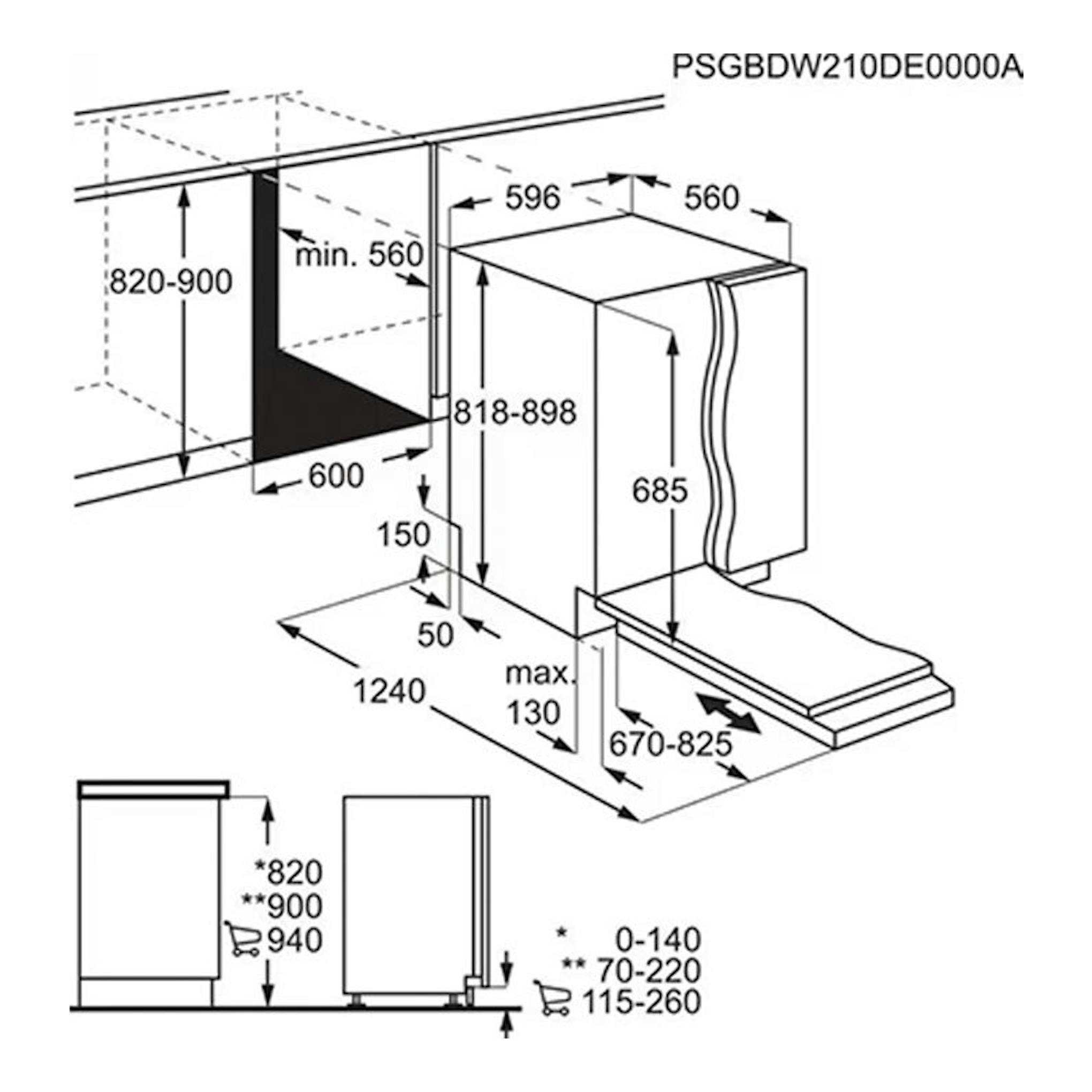 Diagrama técnico de lavavajillas integrable AEG FSE76727P de 60 cm, vista isométrica y frontal con medidas en mm.