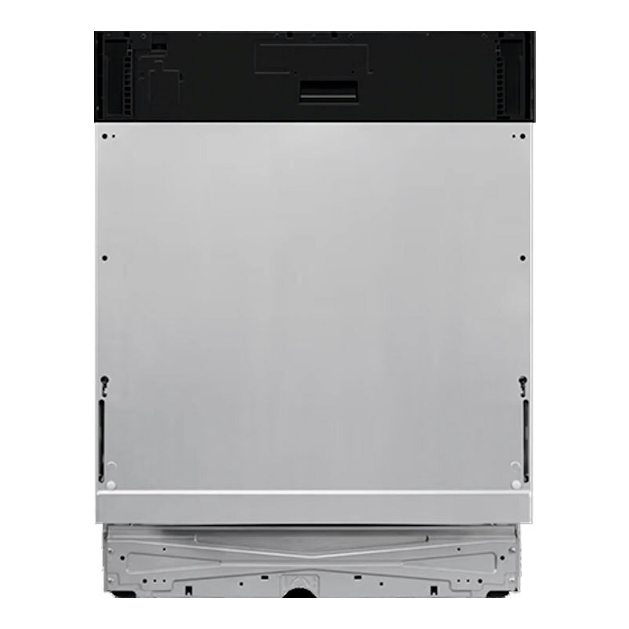 Lavavajillas integrable AEG FSE76727P, vista trasera, panel metálico plateado y parte superior negra.