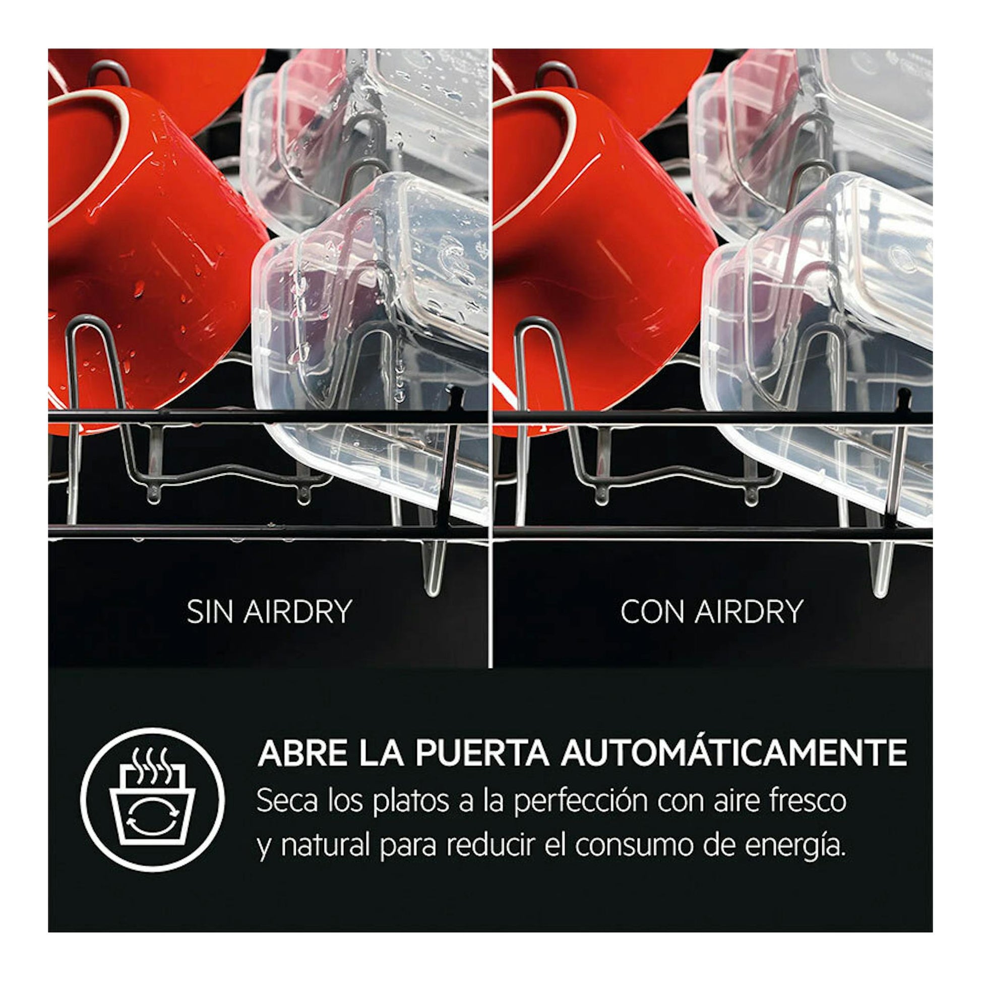 Lavavajillas AEG FSE76727P: gráfico comparativo de platos y vasos “sin Airdry” y “con Airdry”, puerta automática.