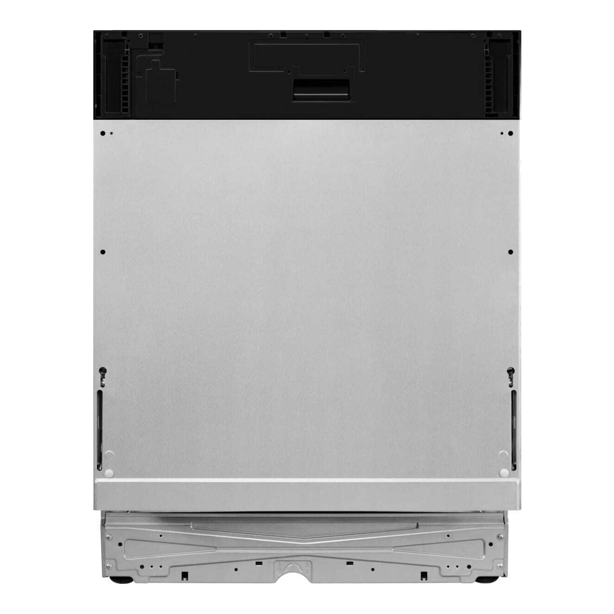 Lavavajillas integrable AEG FSE77707P, vista trasera, panel metálico plateado y parte superior negra.