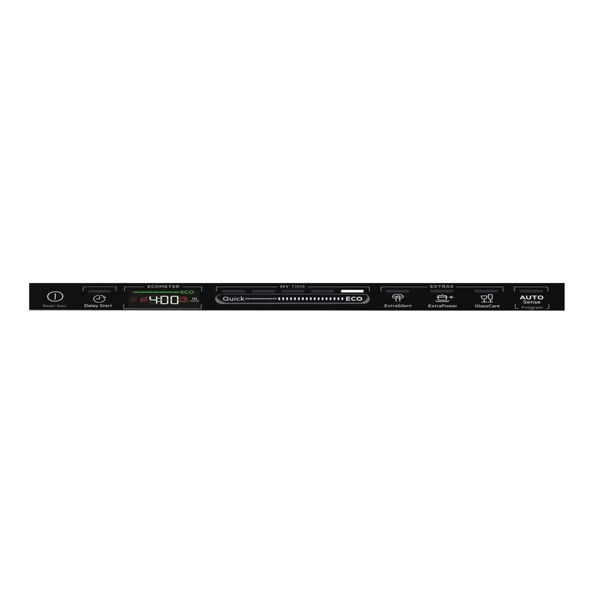 Lavavajillas integrable AEG FSE77707P blanco, vista frontal con panel de control superior negro.