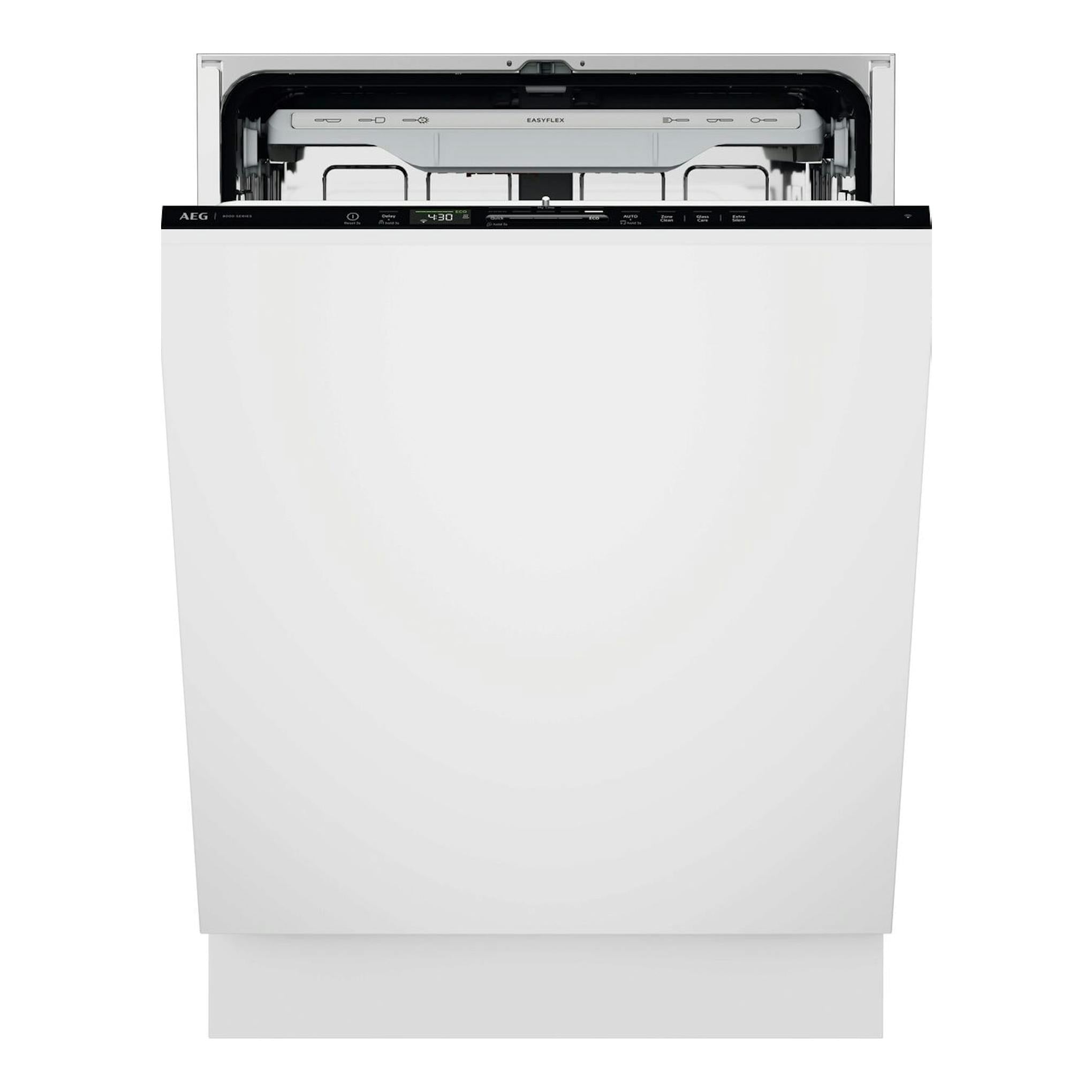 Lavavajillas integrable AEG GI8700A2PN, vista frontal con la puerta abierta, panel negro y acabado blanco.