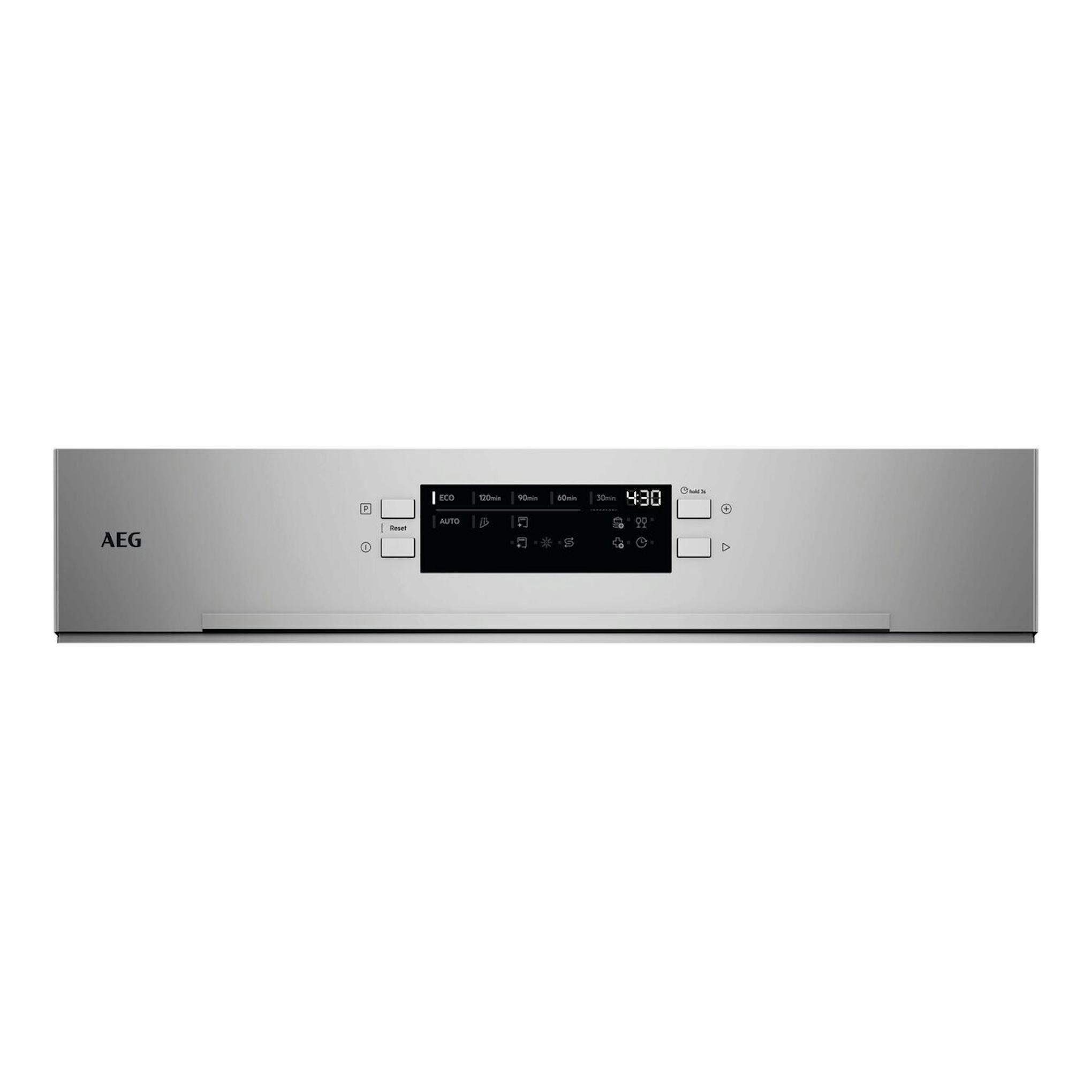 Lavavajillas integrable AEG GT6200B2SNM, vista frontal, panel superior gris y puerta blanca.