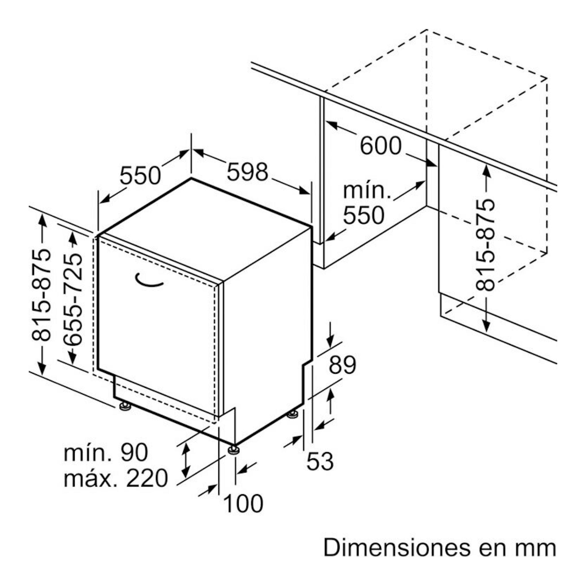 Balay 3VF5012NP: esquema técnico en blanco y negro de lavavajillas integrable con medidas en mm