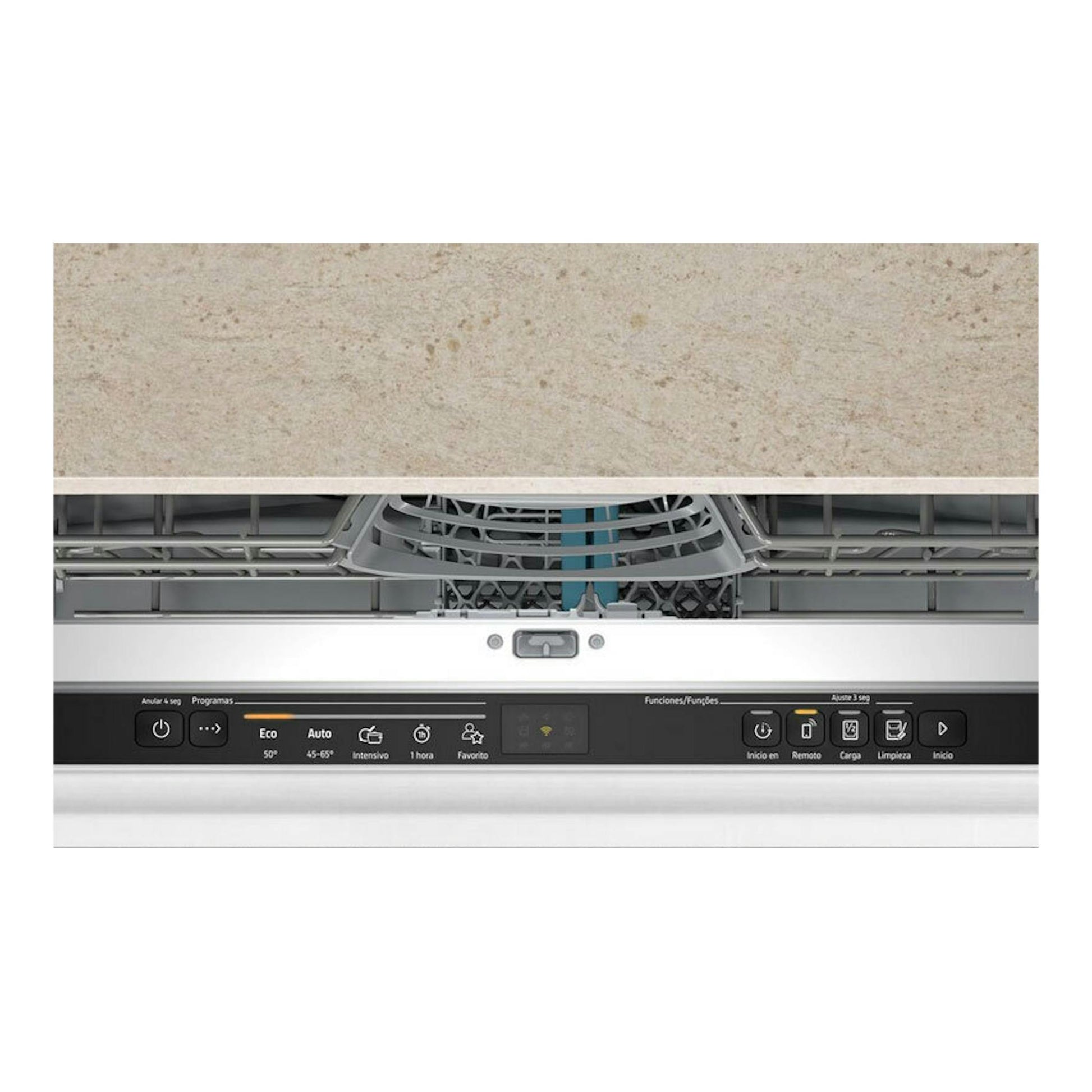 Lavavajillas integrable Balay 3VF5012NP de 60 cm, visto de frente con la puerta abierta y panel negro.