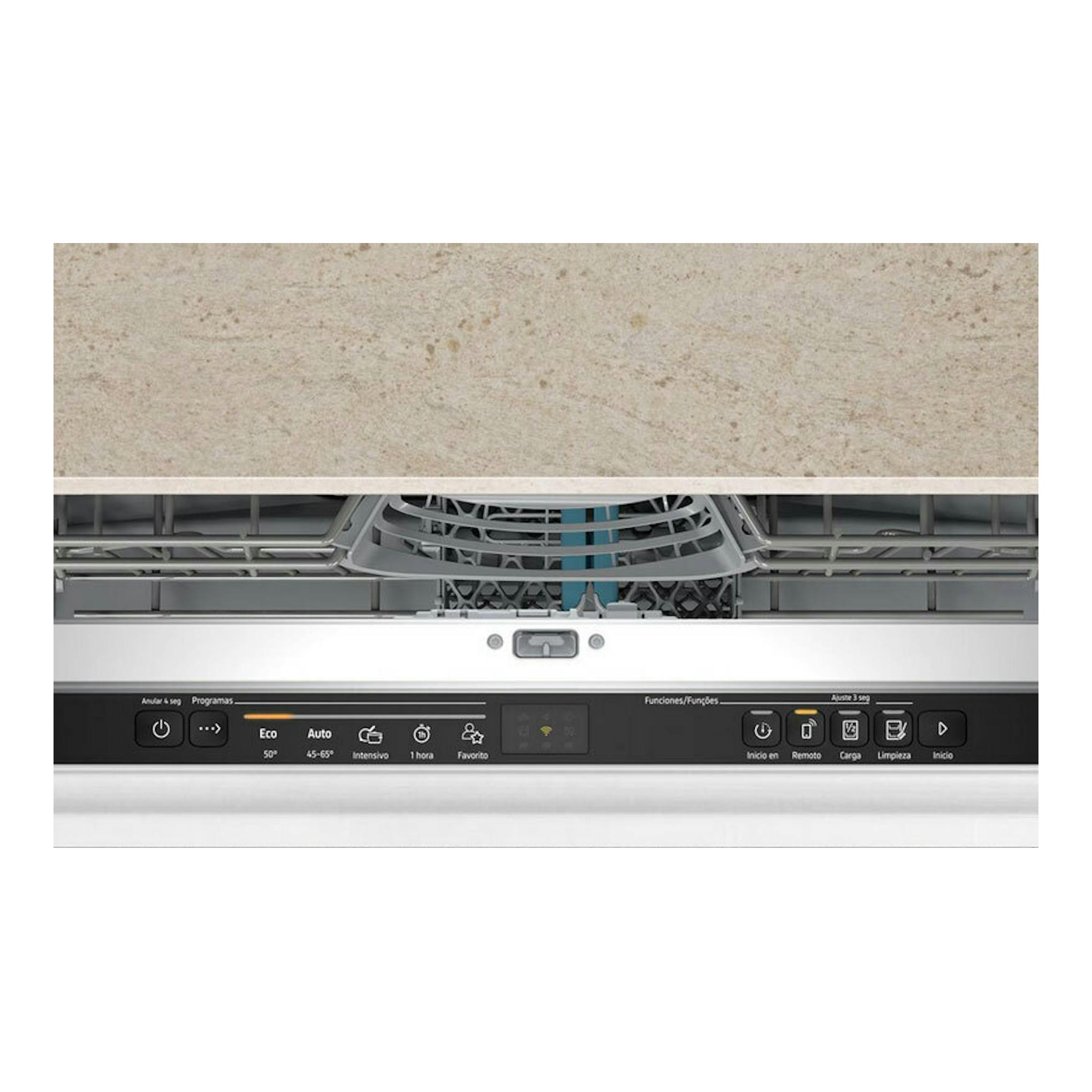 Lavavajillas integrable Balay 3VF5012NP de 60 cm, visto de frente con la puerta abierta y panel negro.