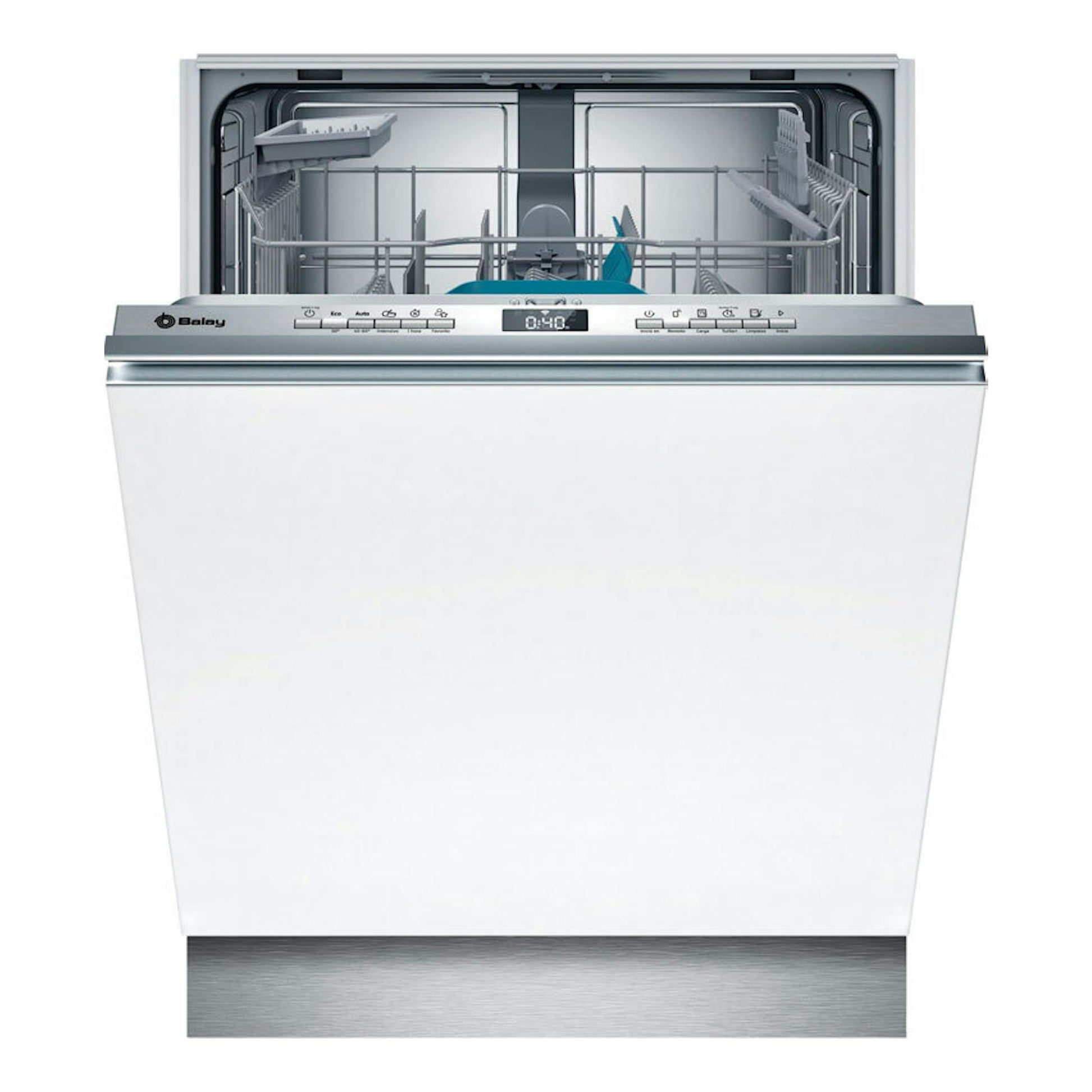 Lavavajillas integrable Balay 3VF5032DP blanco, con puerta abierta y panel de control superior.