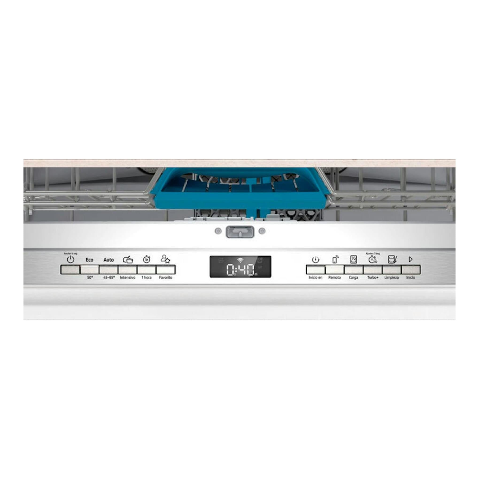 Lavavajillas integrable Balay 3VF5032DP, frontal blanco con panel de control y puerta abierta.