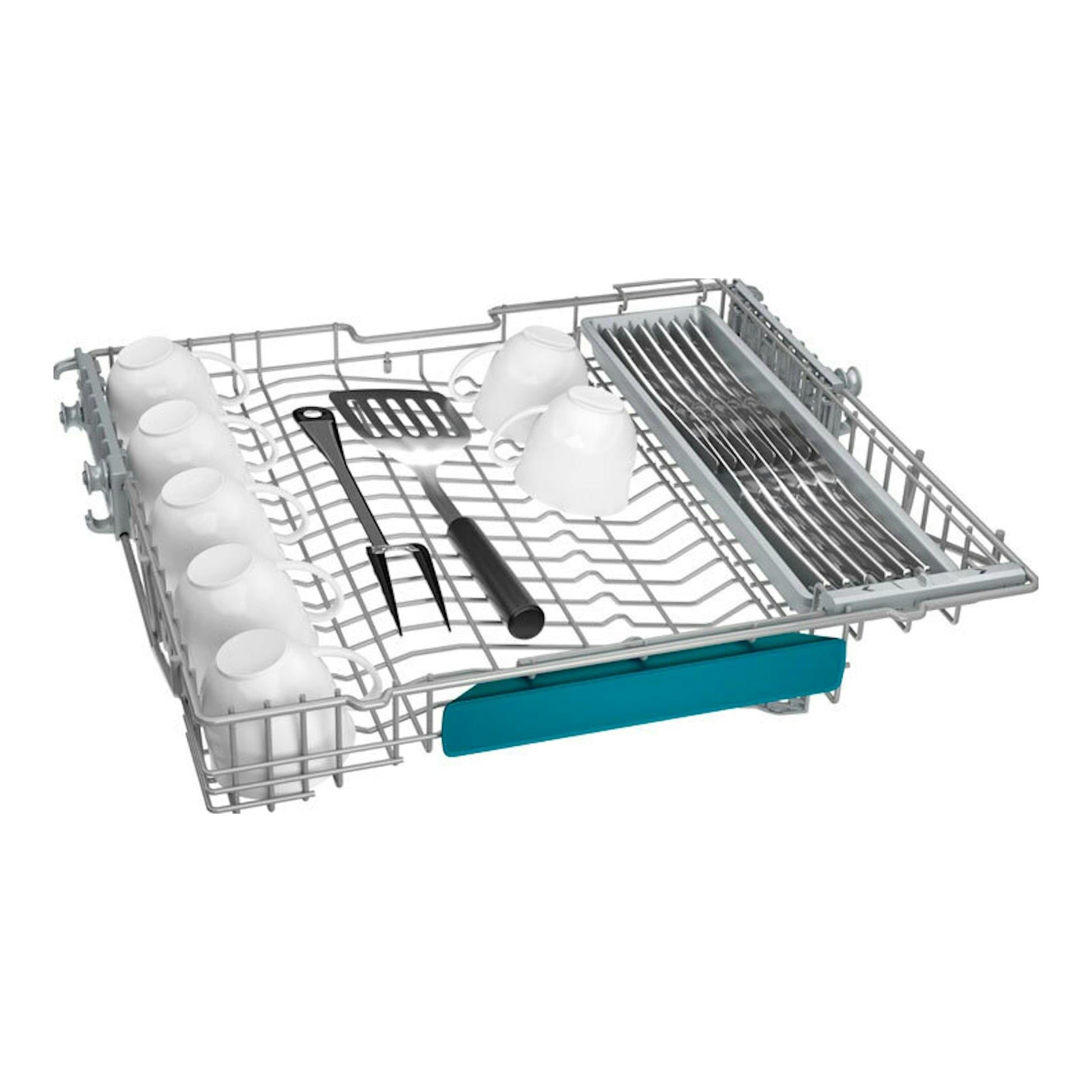Cesta superior de lavavajillas integrable Balay 3VF6662SA de 60 cm, gris, con tazas y cubiertos, vista frontal.