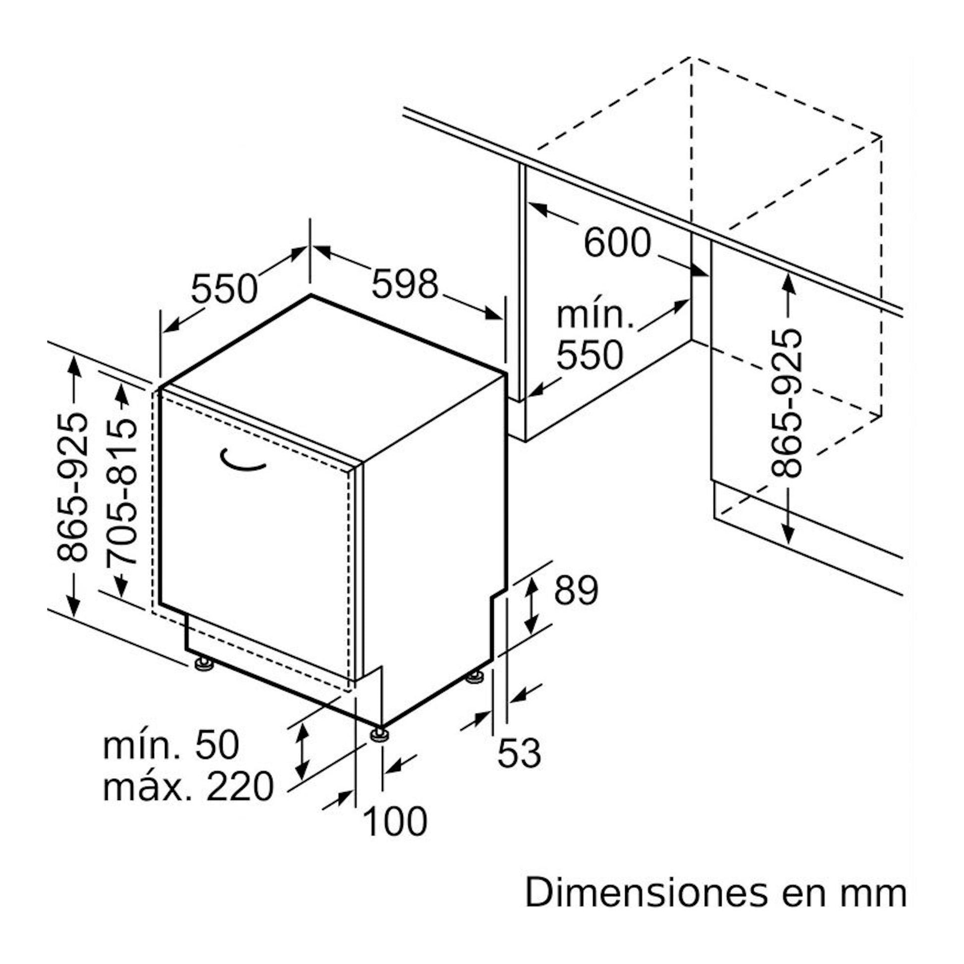 Esquema de dimensiones de lavavajillas integrable Balay 3VH5332DP, vista isométrica, 60 cm de ancho.