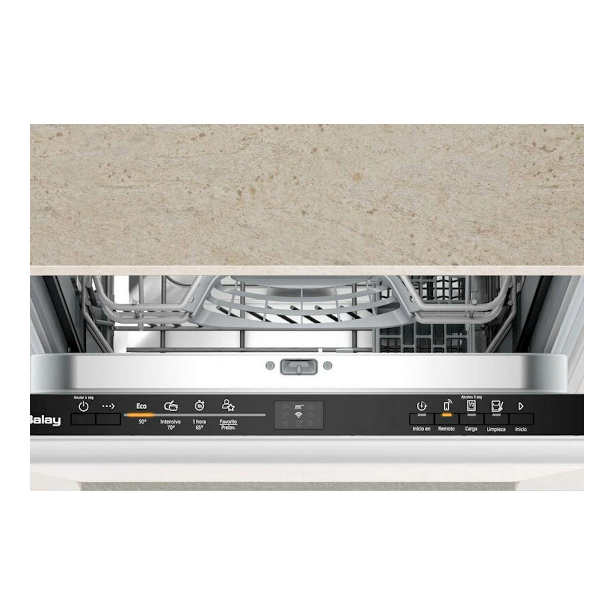 Lavavajillas integrable Balay 3VT4031NA de 45 cm, vista frontal con puerta abierta y panel negro.