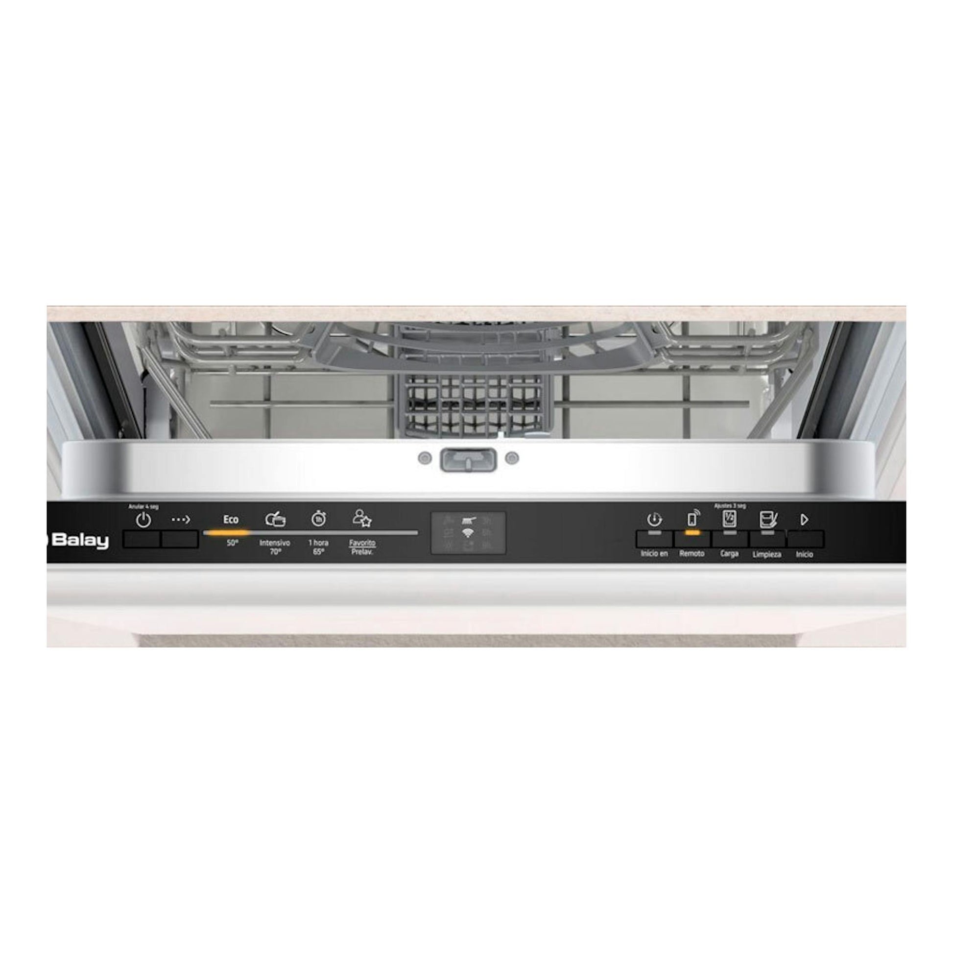 Lavavajillas integrable Balay 3VT4032NA, vista frontal con puerta abierta y panel de control visible.