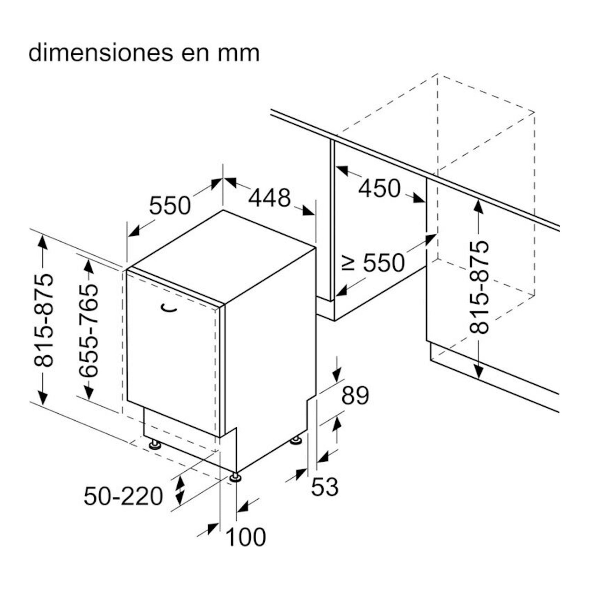 Esquema de medidas de lavavajillas integrable Balay 3VT5331DA, vista en perspectiva, en mm.