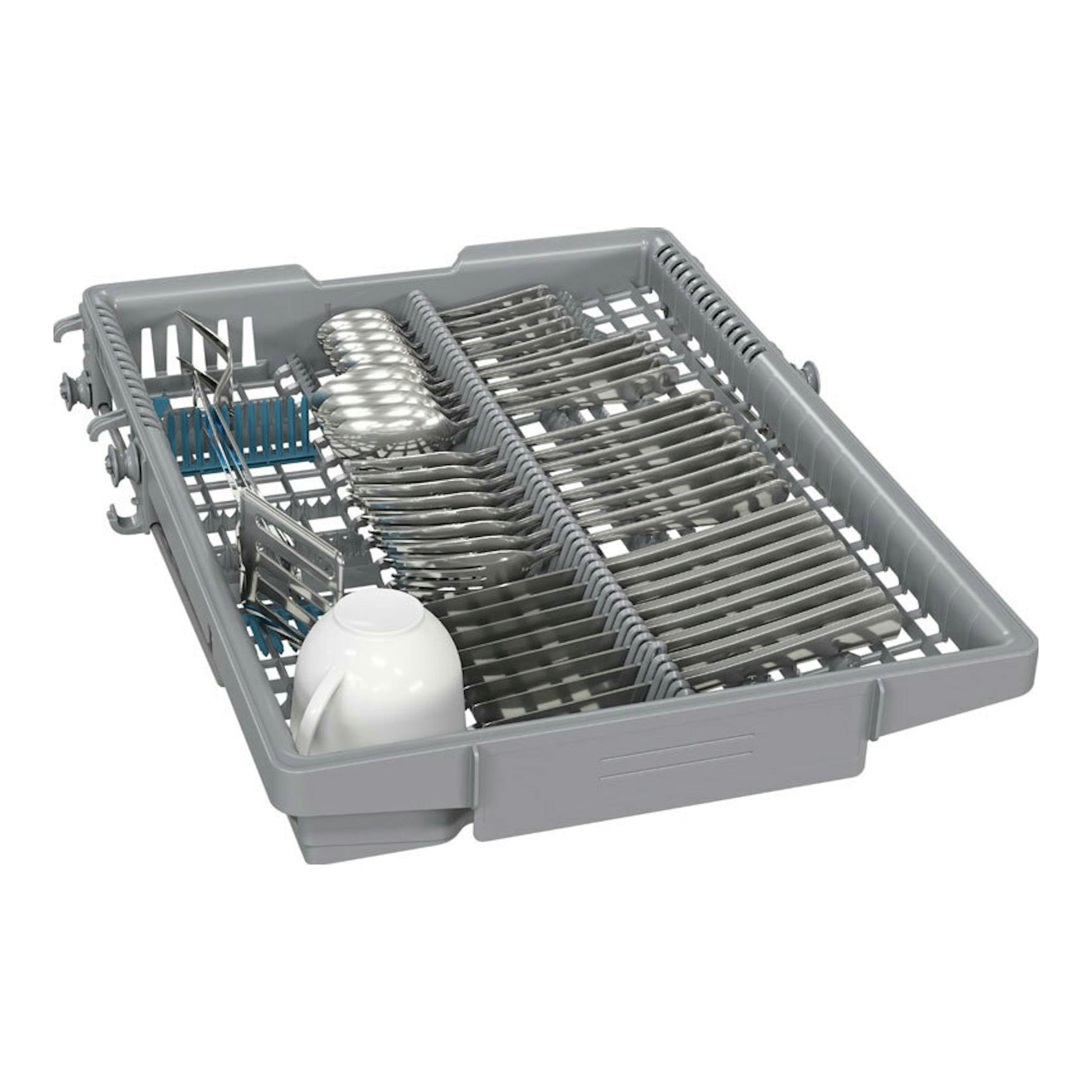 Balay 3VT5331DA: cesta de lavavajillas gris con platos y tazas, vista en perspectiva.