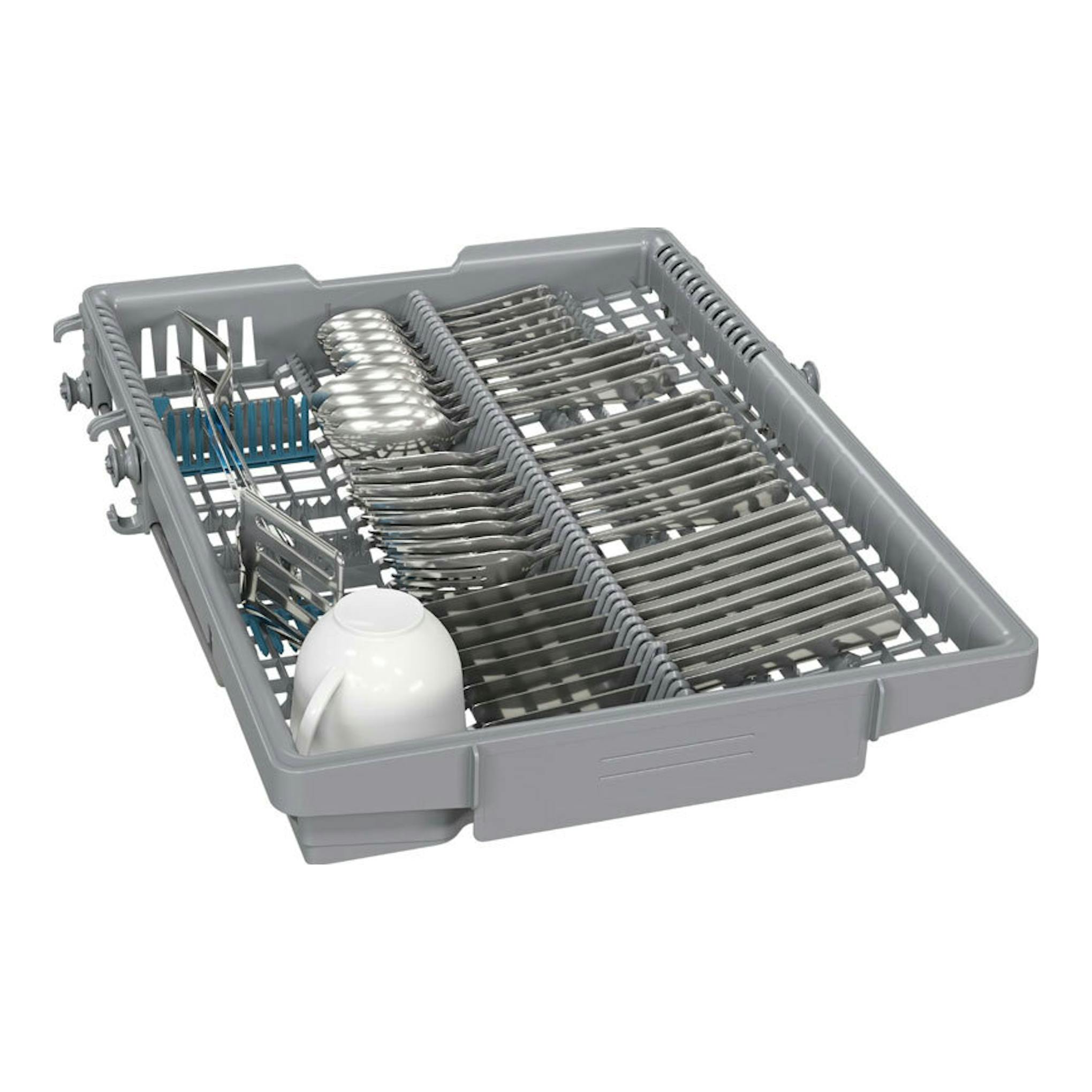 Balay 3VT5331DA: cesta de lavavajillas gris con platos y tazas, vista en perspectiva.