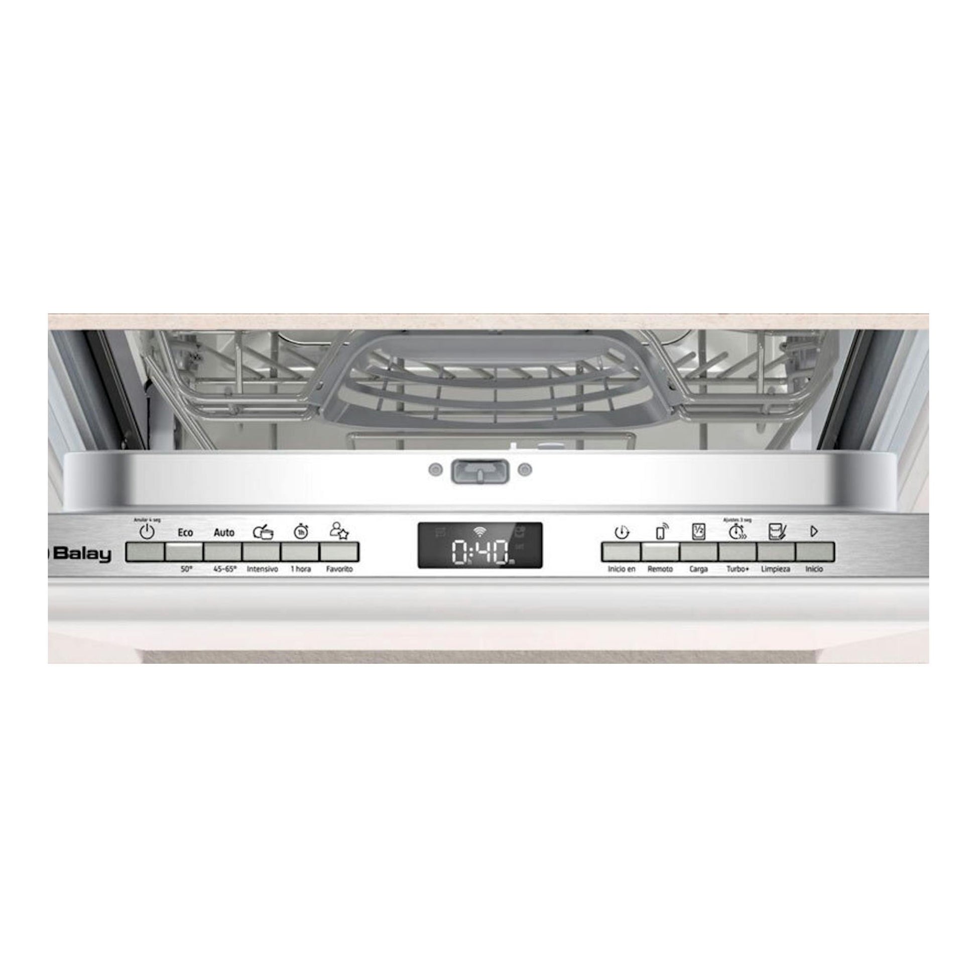 Lavavajillas integrable Balay 3VT5332DA, vista frontal abierta, panel inox con display central.