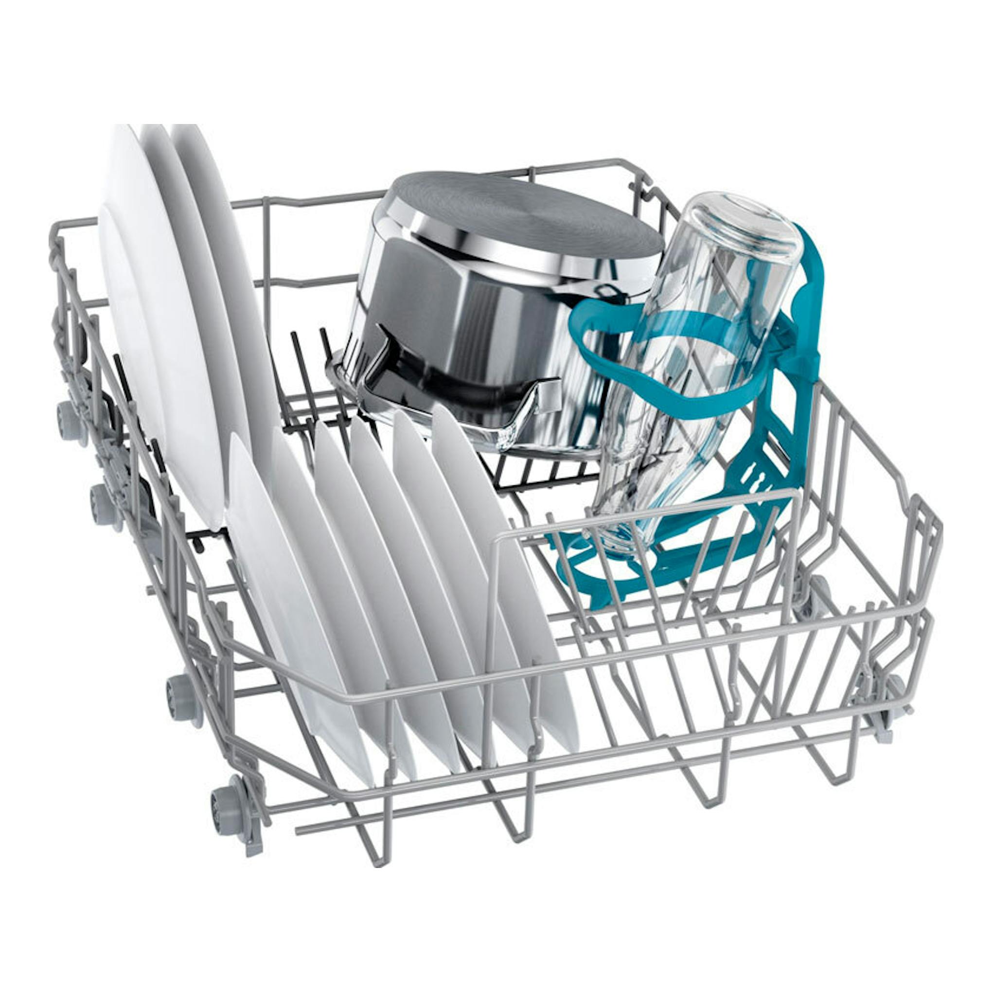 Balay 3VT5332DA: cesta de lavavajillas con platos, vaso y cazo, en gris y azul.