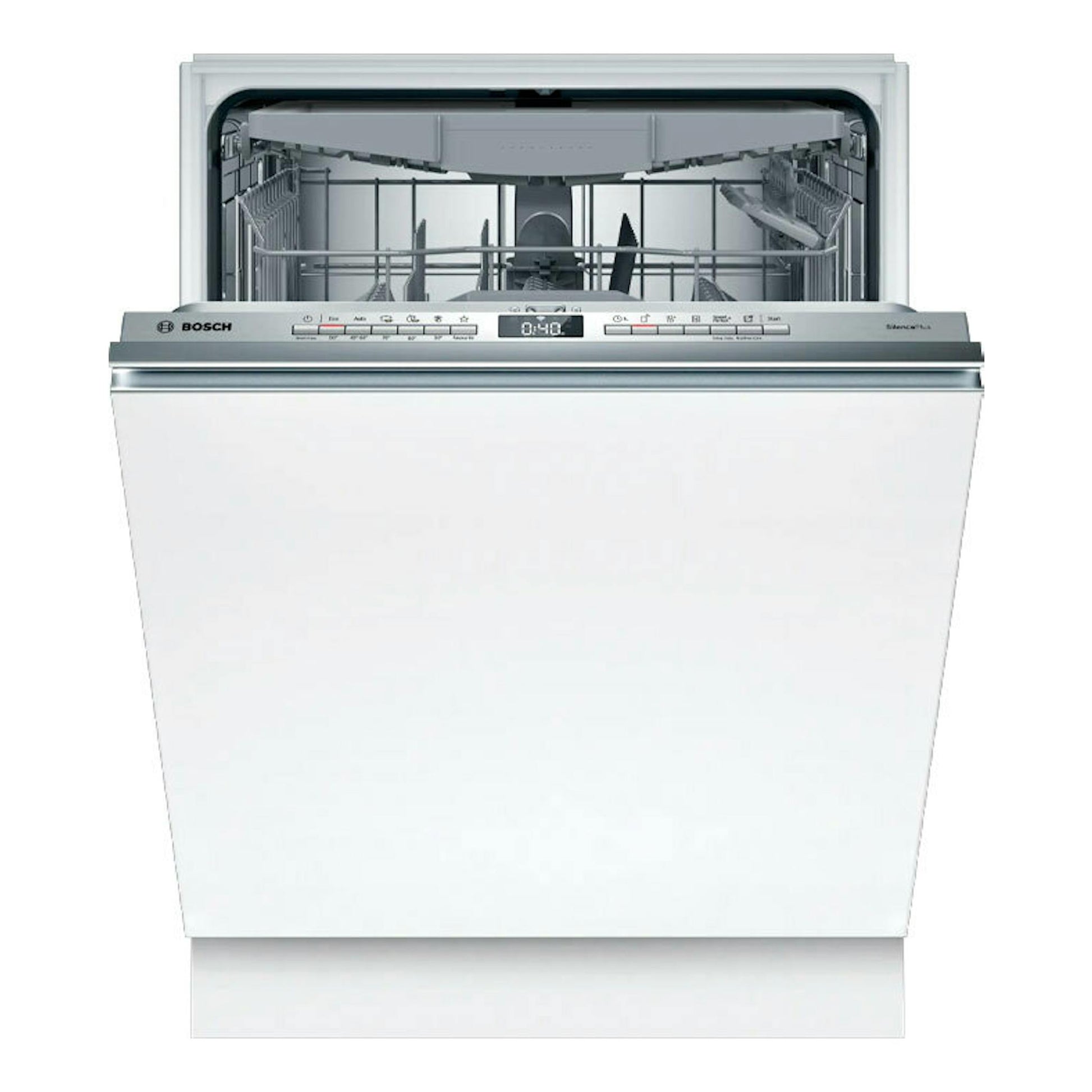 Lavavajillas integrable Bosch SBH4ECX28E blanco, vista frontal con puerta abierta y panel de control gris.