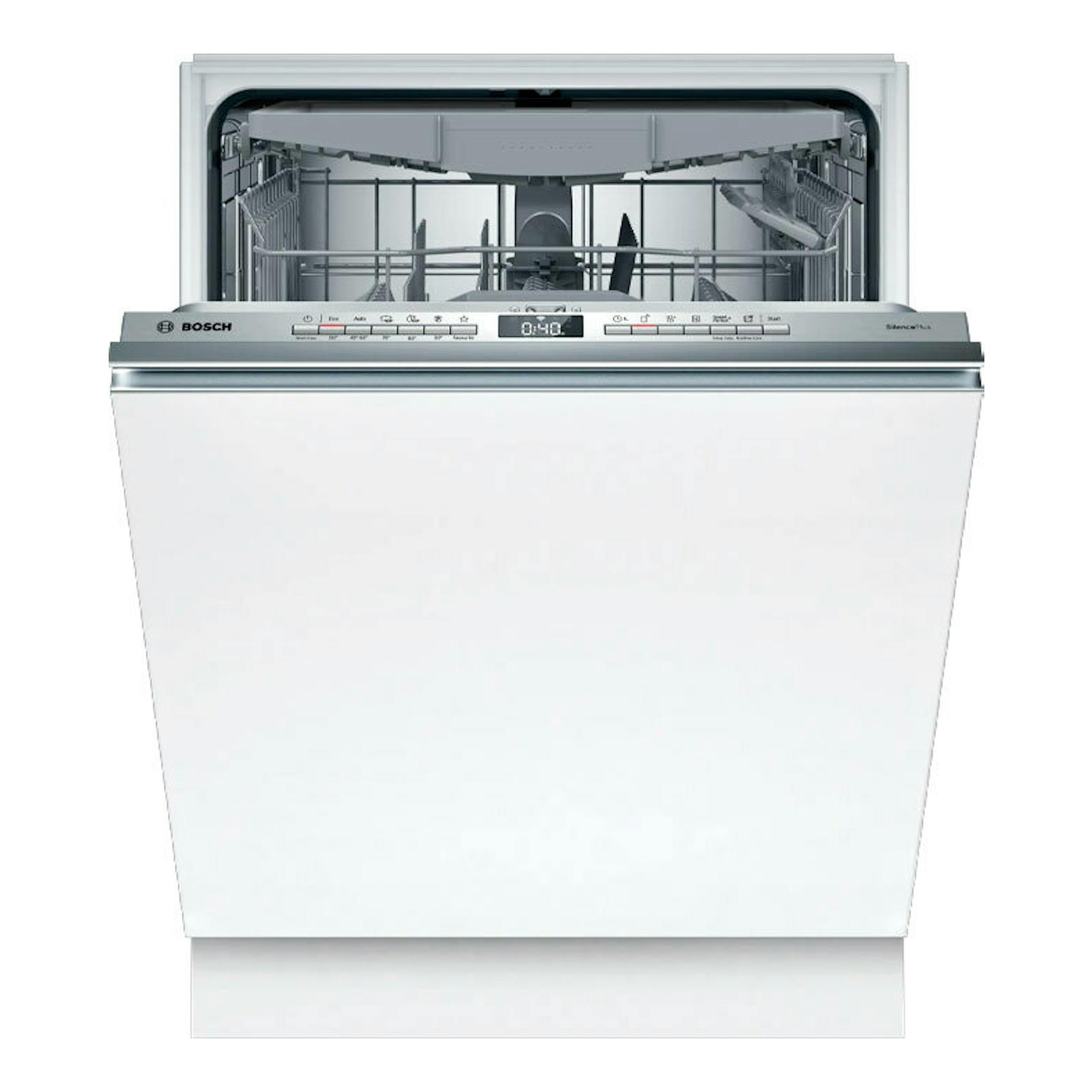 Lavavajillas integrable Bosch SBH4ECX28E blanco, vista frontal con puerta abierta y panel de control gris.