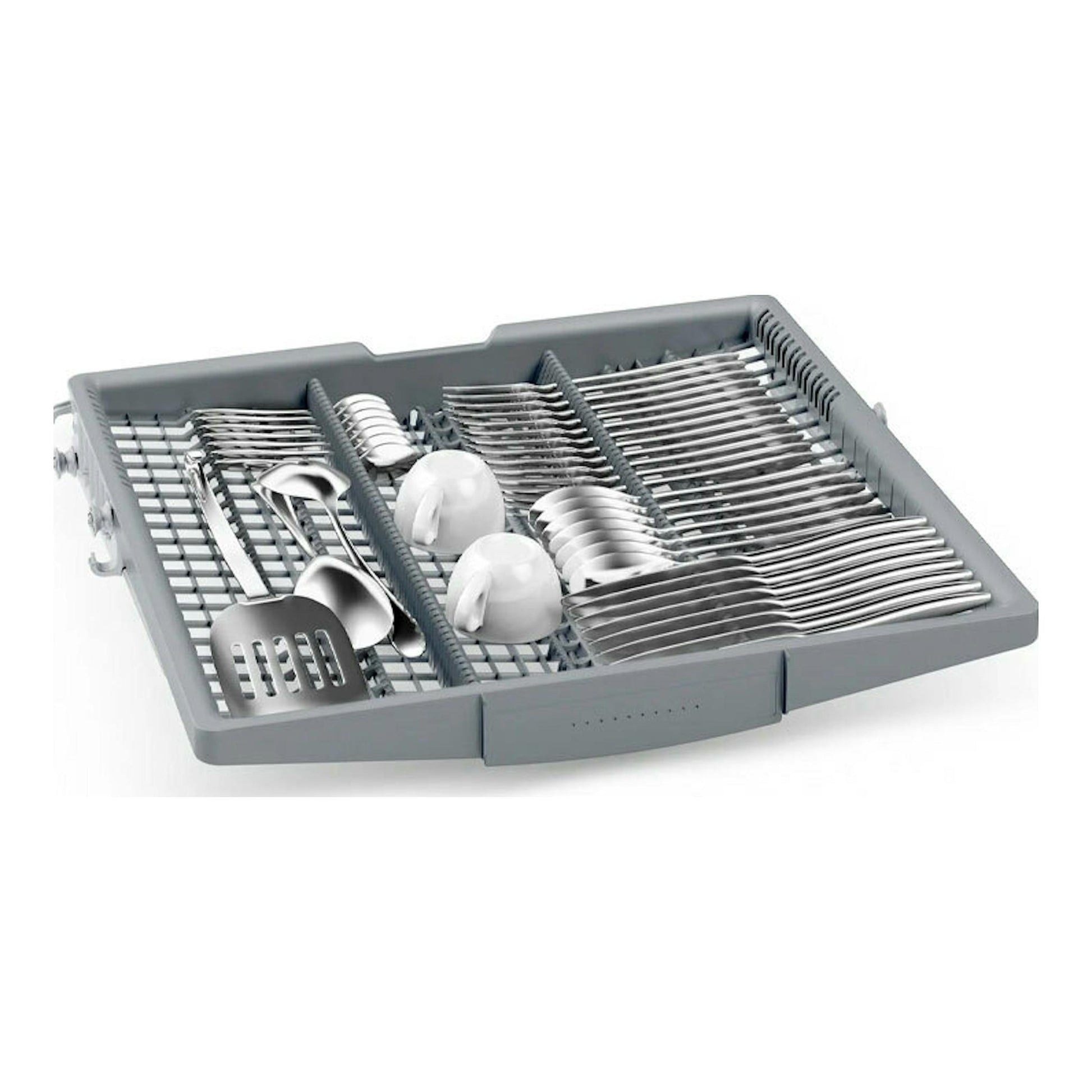 Bandeja para cubiertos gris de lavavajillas Bosch SBH4ECX28E, vista cenital con cucharas, tenedores y tazas.