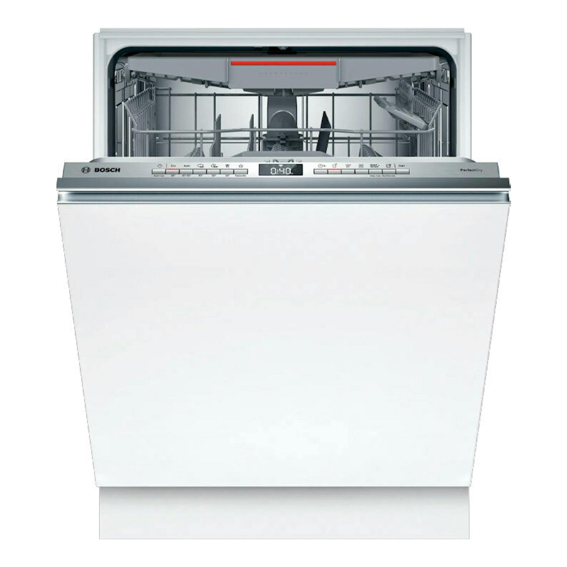 Lavavajillas integrable Bosch SBV6ZCX10E blanco, vista frontal con puerta abierta y panel de control superior.
