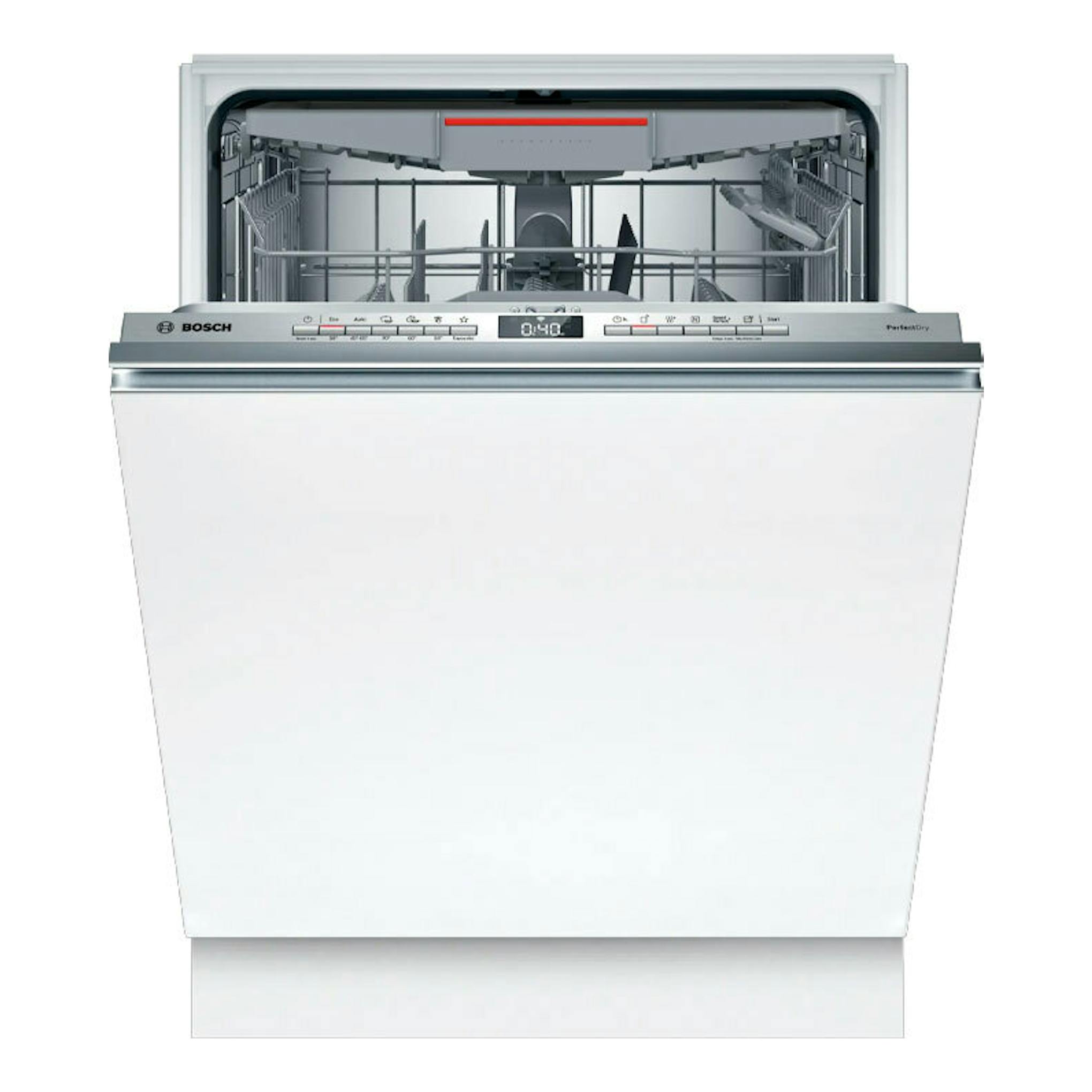Lavavajillas integrable Bosch SBV6ZCX10E blanco, vista frontal con puerta abierta y panel de control superior.