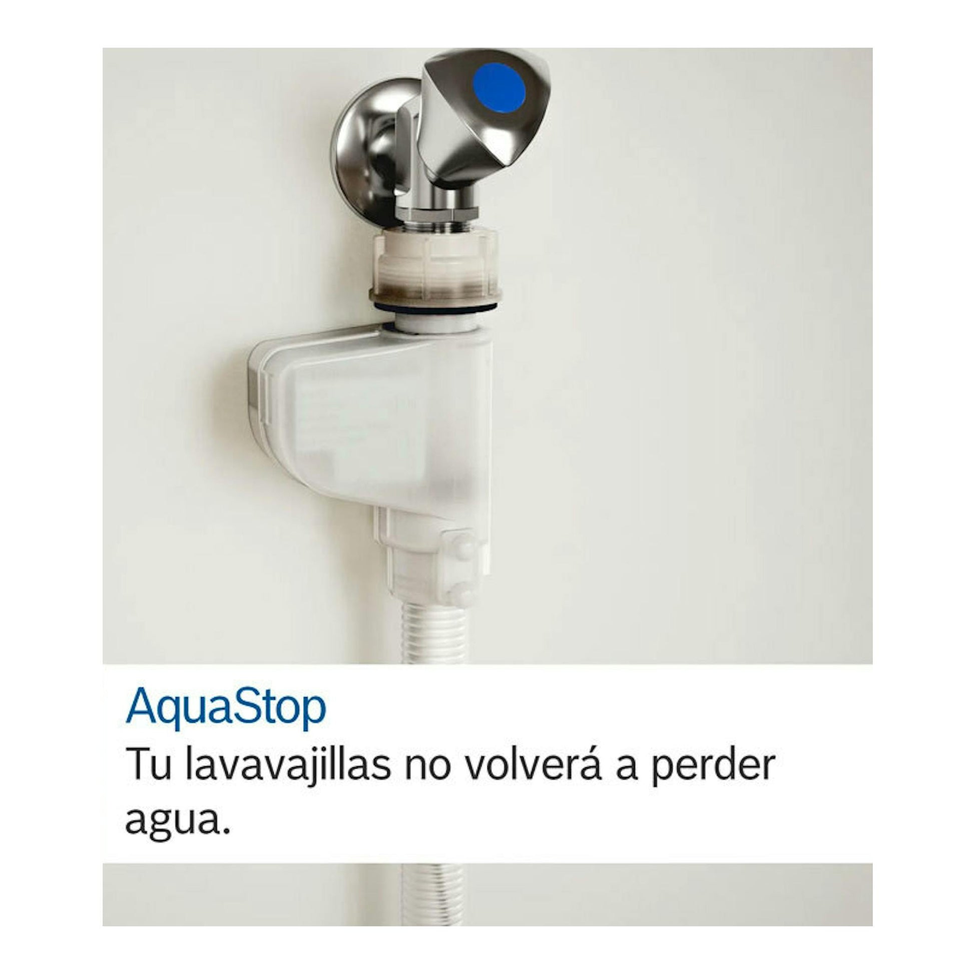 Válvula AquaStop metálica con manguera blanca sobre fondo claro y texto: «Tu lavavajillas no volverá a perder agua».