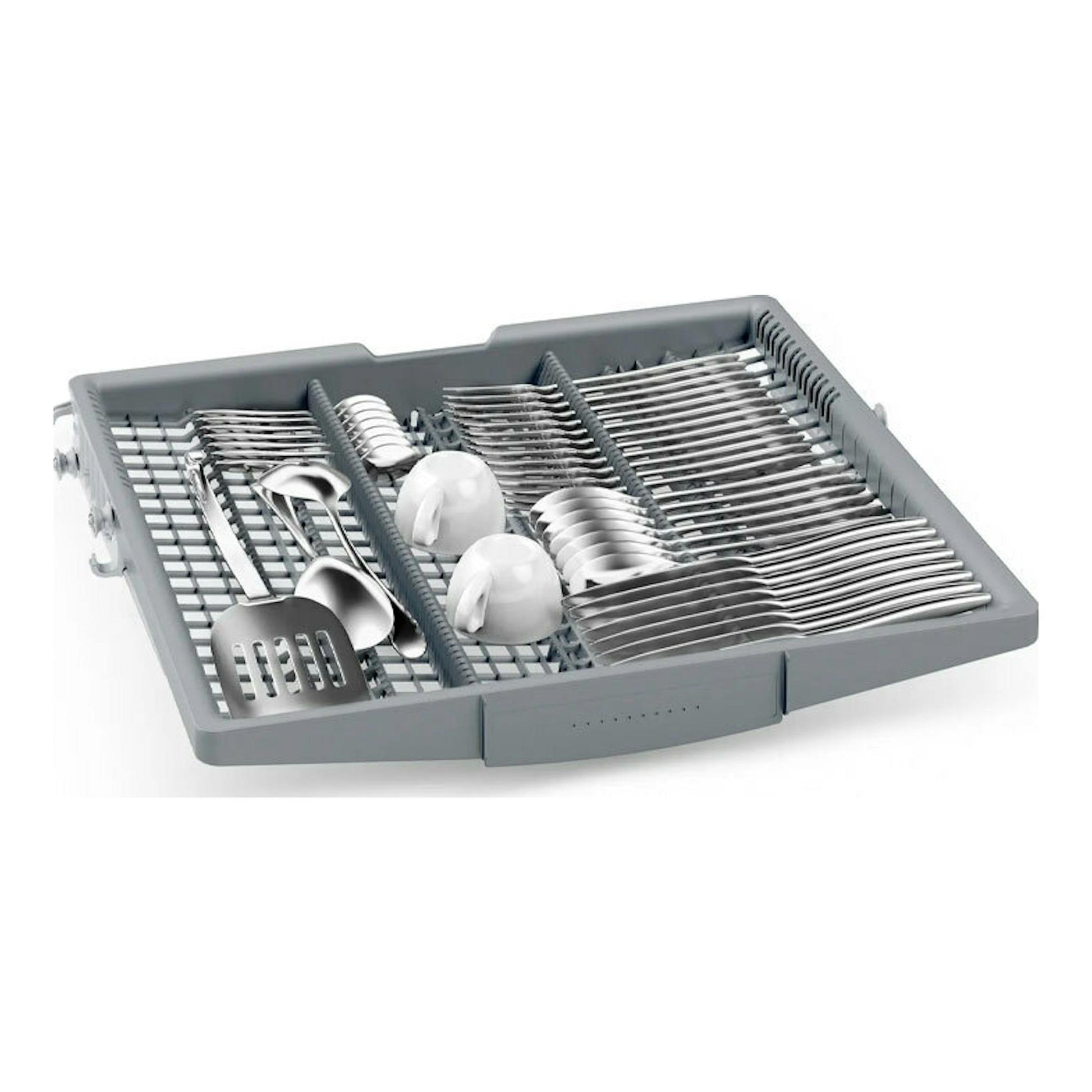 Bandeja cubertero gris de lavavajillas Bosch SBV6ZCX10E con cucharas, tenedores y tazas, vista en ángulo.